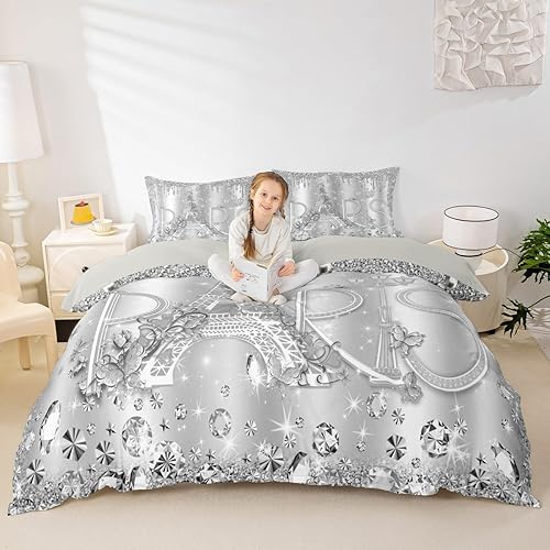 Miniatura 2 de París - Juego de funda de edredón tamaño individual, juego de ropa de cama de 2 piezas con diamantes plateados y purpurina para decoración de