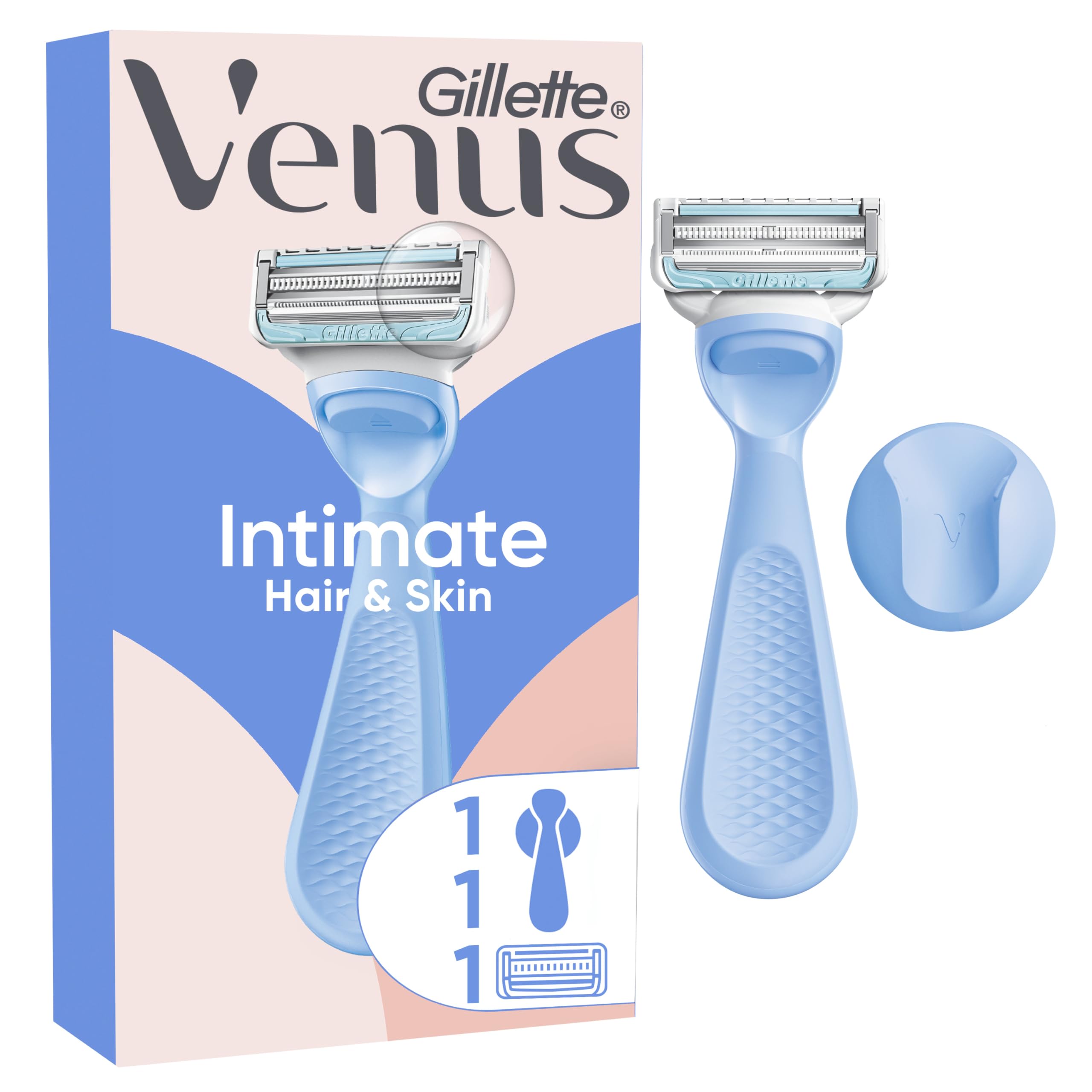Gillette Venus Intimate Damenrasierer — Nassrasierer für Den Intimbereich, Intimrasierer mit Aloe Vera, Inkl. 1 Ersatzklingen, Ergonomisches Handstück Und Duschhalterung — Blau
