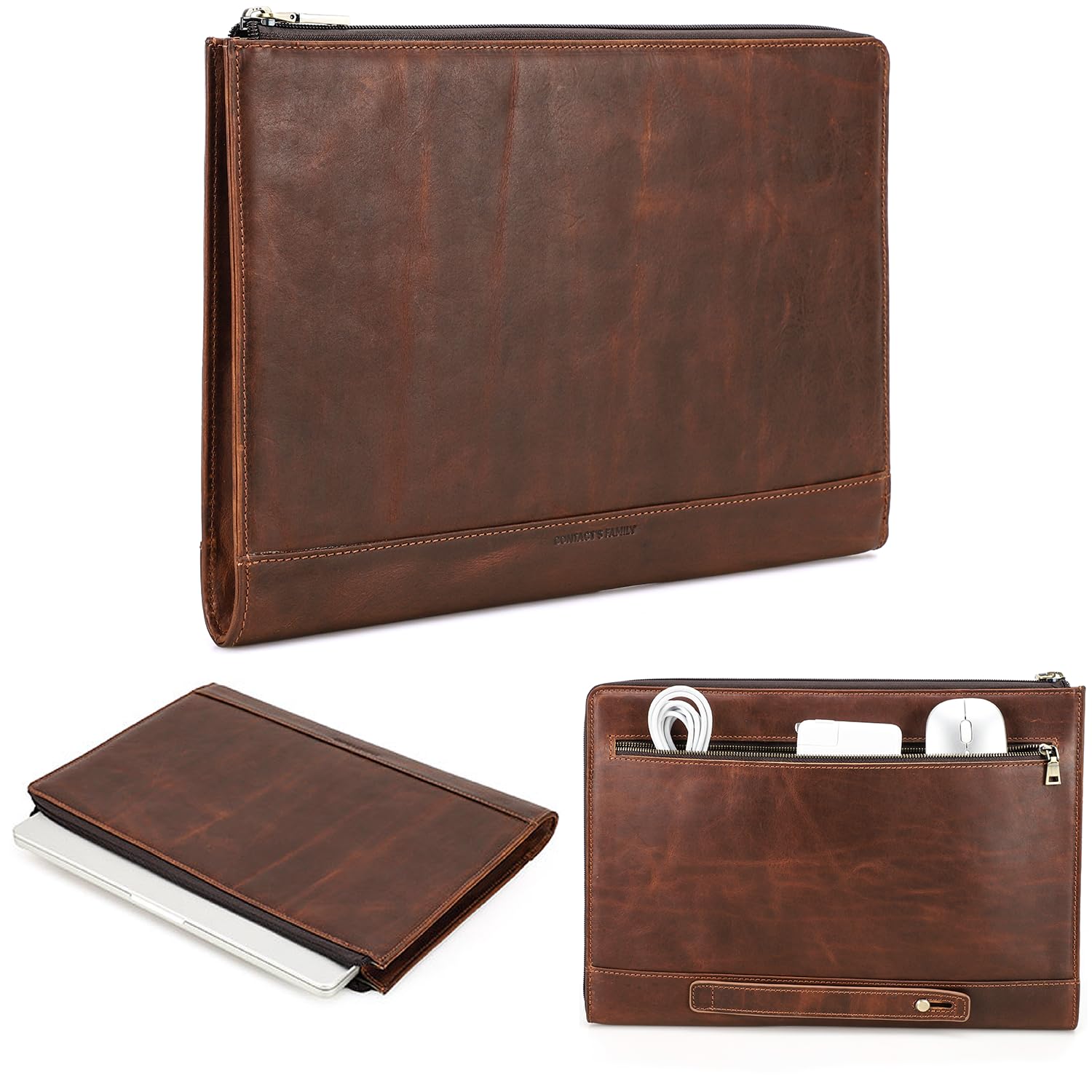 CataPurus Top Grain Leather 14.2" Slim Laptop Handheld Zipper Bag, Vintage Design & 2 Pockets, Handmade, Compatible with MacBook Pro 14" 2021 2022 M1