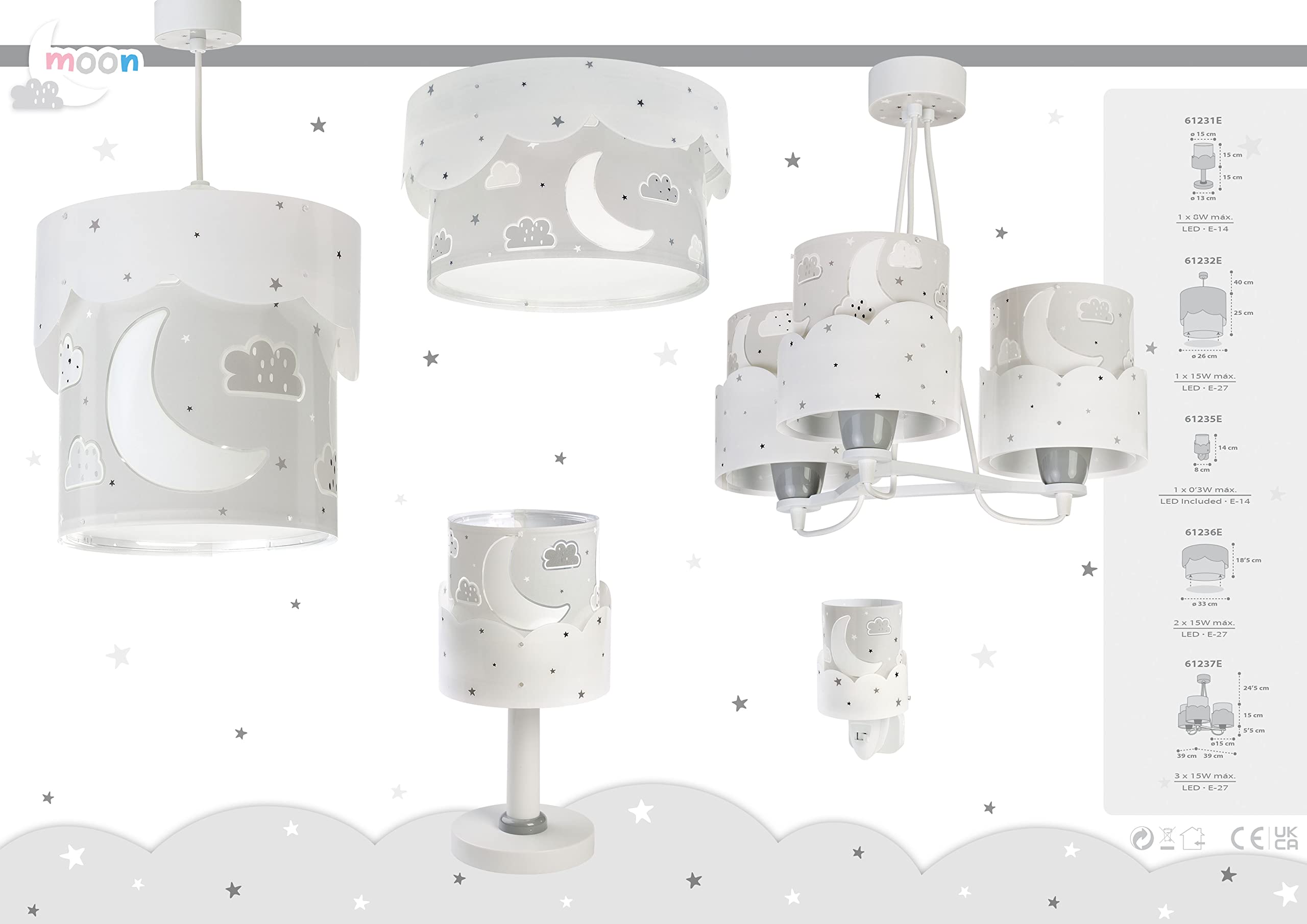 Dalber Lampe De Chevet Enfant Lune Etoiles Gris 63231E - Lampe De Table Avec Double Écran Fluorescent E14