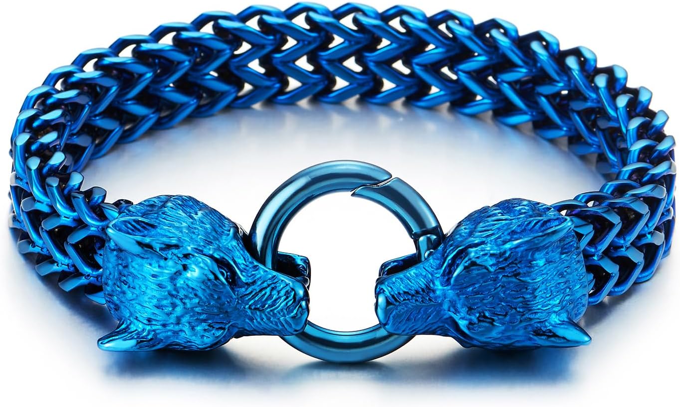 COOLSTEELANDBEYOND Biker Mens Stainless Steel Wolf Head Franco Link Curb Chain Bracelet with Spring Ring Clasp - Image 5