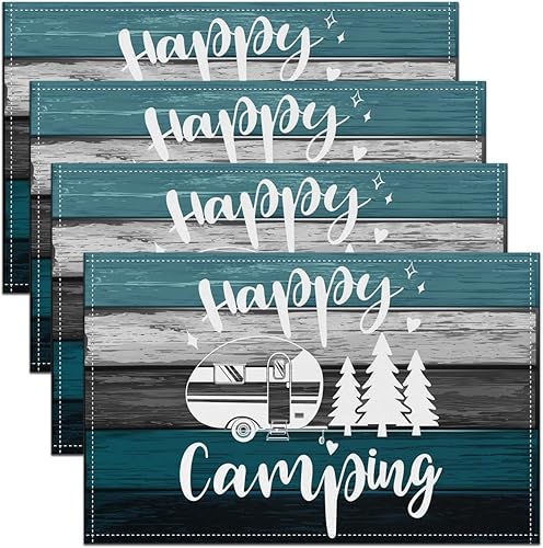 Juego de 4 manteles individuales de camping con diseño de acuarela vintage a rayas de madera azul y gris para niños, adolescentes y adultos, estilo