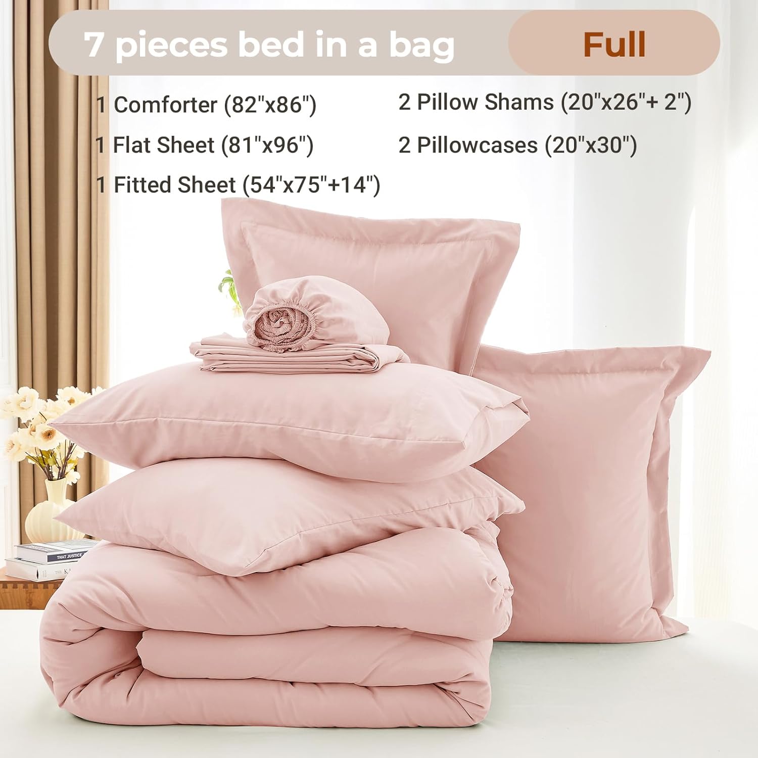MUXHOMO 7 Pieces Full Comforter Set, Soft Bed in a Bag Full Size, All Season Bedding Set with Comforter, Flat Sheet, Fitted Sheet, Pillowcases & Shams, Pink - Image 4