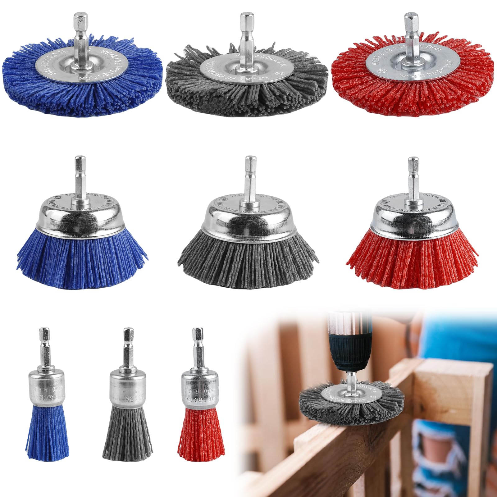 Brosses à pot en fil de nylon avec tige hexagonale 1/4" pour ponçage et décapage
