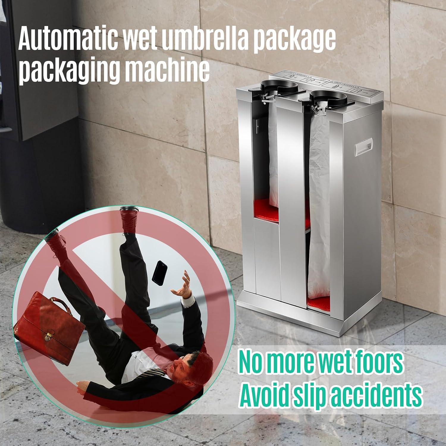 Moxweyeni Automatic Wet Umbrella Packing Wrapper Machine Stainless Steel Double Slots Umbrella Dispenser Holder with 600 Long and 600 Short Bags for Commercial Shopping Mall Hotel