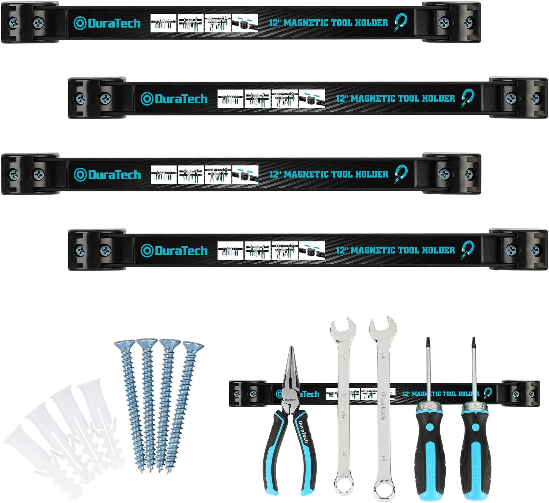 DURATECH 4 Pack 12" Magnetic Tool Holder Strip, Heavy Duty Tool Bar | Magnetic Space Saving Tool Organizer with Mounting Screws for Garage, Workshop, Kitchen
