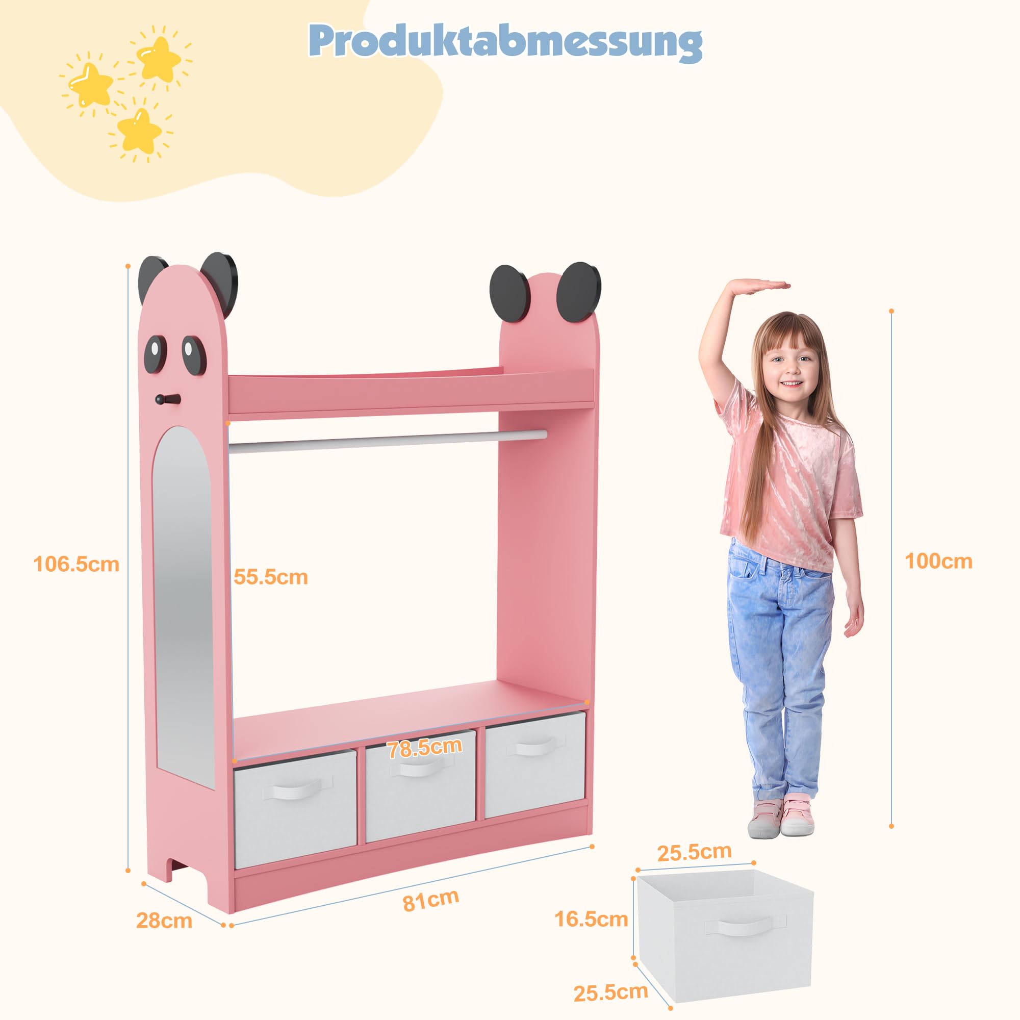 NACHES Kinder Kleiderschrank Kinderkleiderständer mit Boxen, Kleiderstange, Spiegel und Ablagen, Kindergarderobe aus Holz, Kinderregal 81 x 28 x 106,5 cm (Rosa, Panda mit 3 Schubladen)