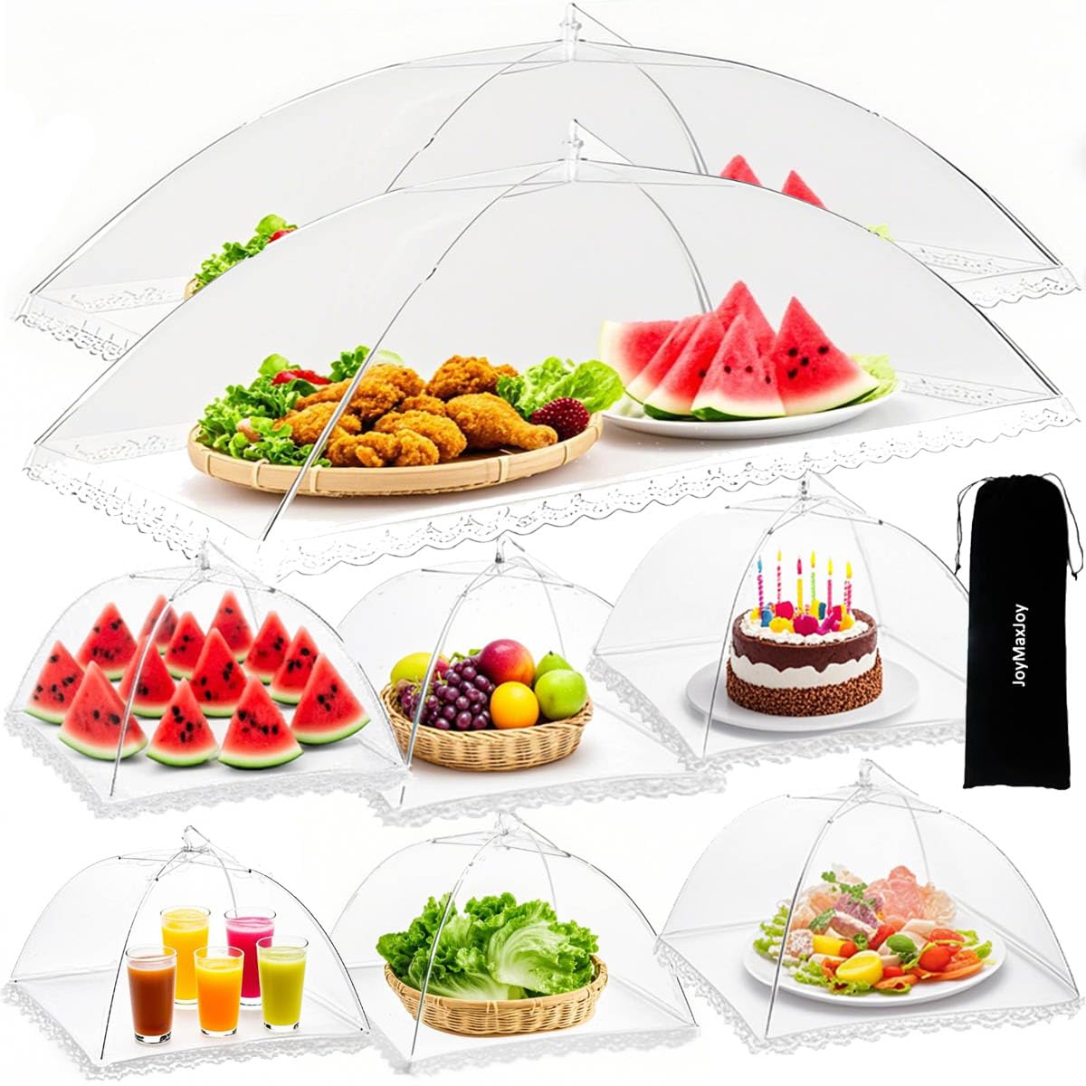 8PCS Mesh Food Covers, Pop Up Food Umbrella Tent Covers, Fruit Cake Net Domes 100×60cm & 43×43cm for Outdoors, Screen Tents, Parties Picnics, BBQs, Dishes Reusable and Collapsible (White (2+6))