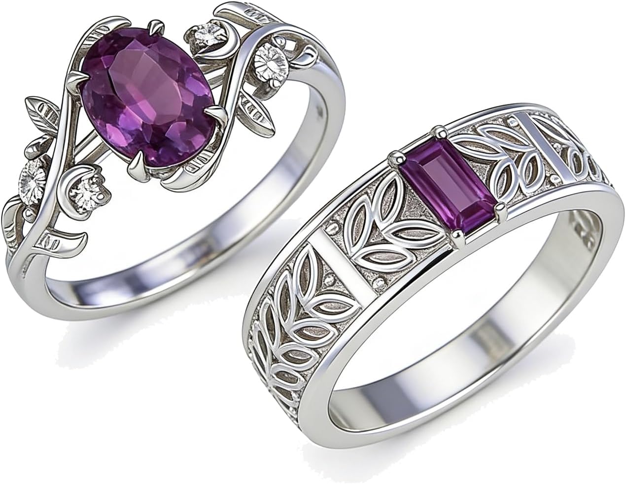1 Carat Oval Cut Gemstone Art Deco Promise Couple Ring for Him and Her 925 Sterling Silver Retro Style Leaf Birthstone Wedding Band Ring Set for Anniversary Jewelry Size 3-18