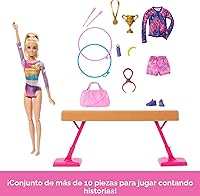 Vista 2 de Muñeca de gimnasia Barbie y accesorios, juego con muñeca rubia de moda, clip en C para acción de volteretas, barra de equilibrio, traje