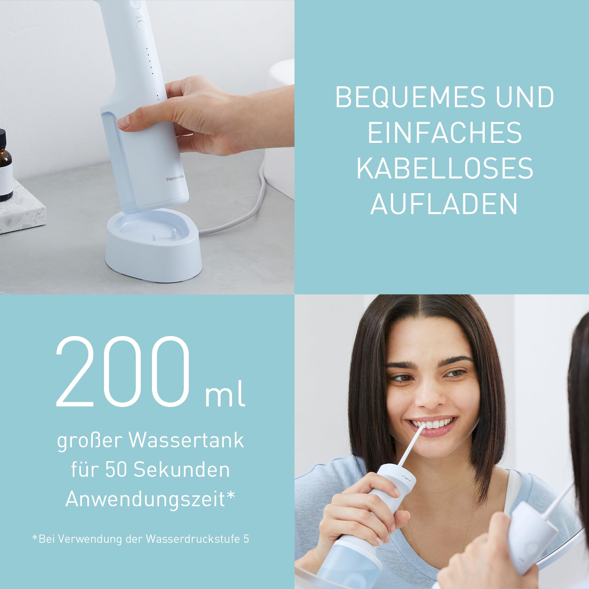 Panasonic Series 300 Munddusche EW-DJ27-A303, Zahndusche, Munddusche kabellos, 200 ml, IPX7, 4 Standarddüsen, 5 Wasserdruckstufen, Reisezubehör, Eisblau