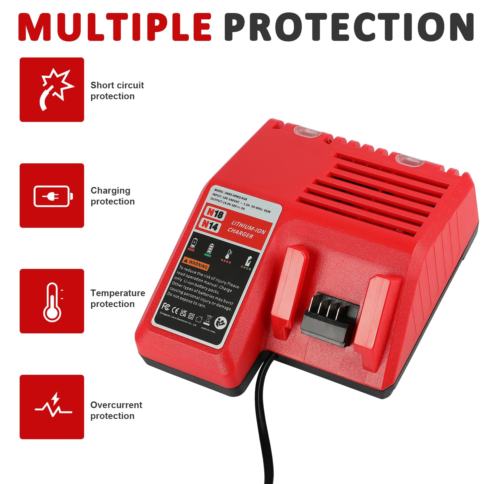 LabTEC Cargador de una batería M18 para Milwaukee, Cargador de 18 V y 65 W de Repuesto para Milwaukee XC 48-59-1812, 48-11-1820, 48-11-2402, 48-11-1840, 48-11-1850, 48-11-1852 y 48-11-2401