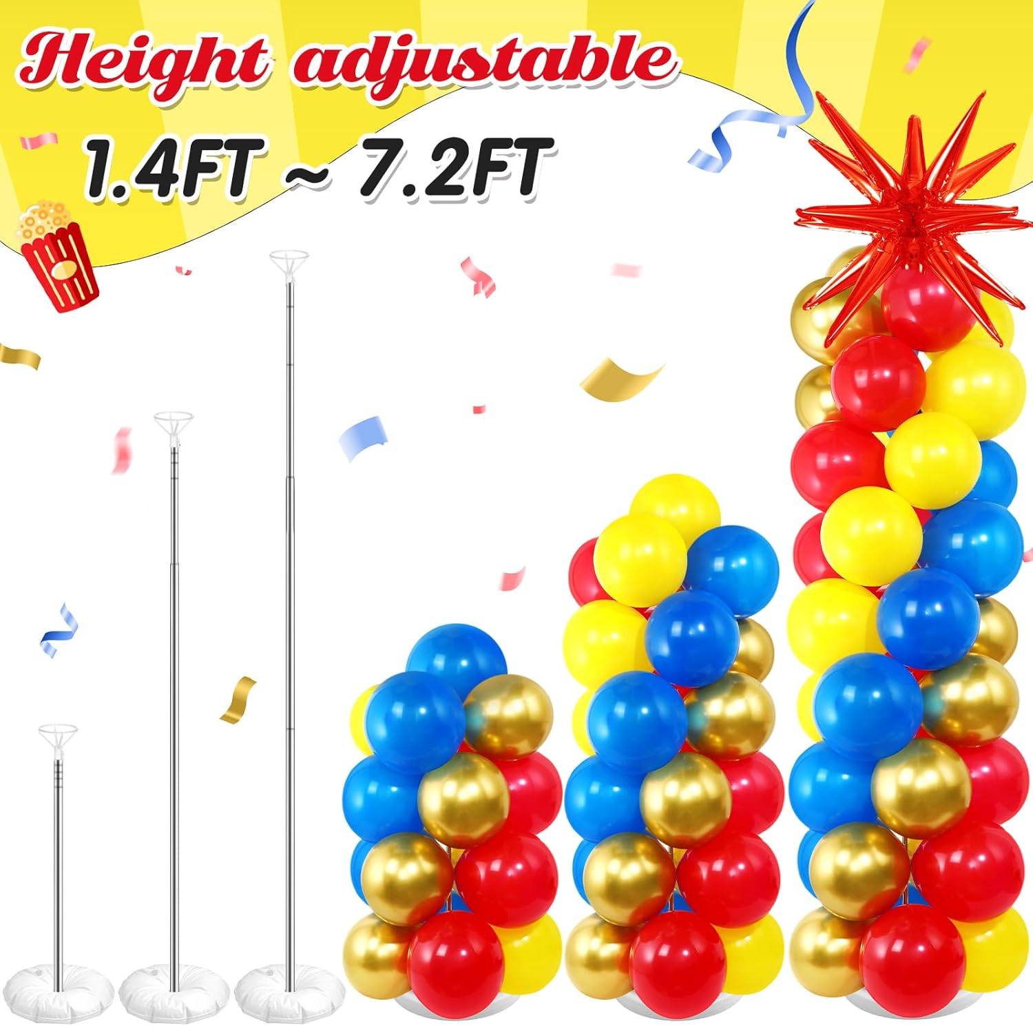 Sosation 2 Set Red Blue Yellow Balloon Column Stand Kit with 2 Explosion Star Foil Balloons 90 Latex Balloon 6 Gold Ring Foil Balloons Adjustable Stands for Video Game Birthday Carnival Party