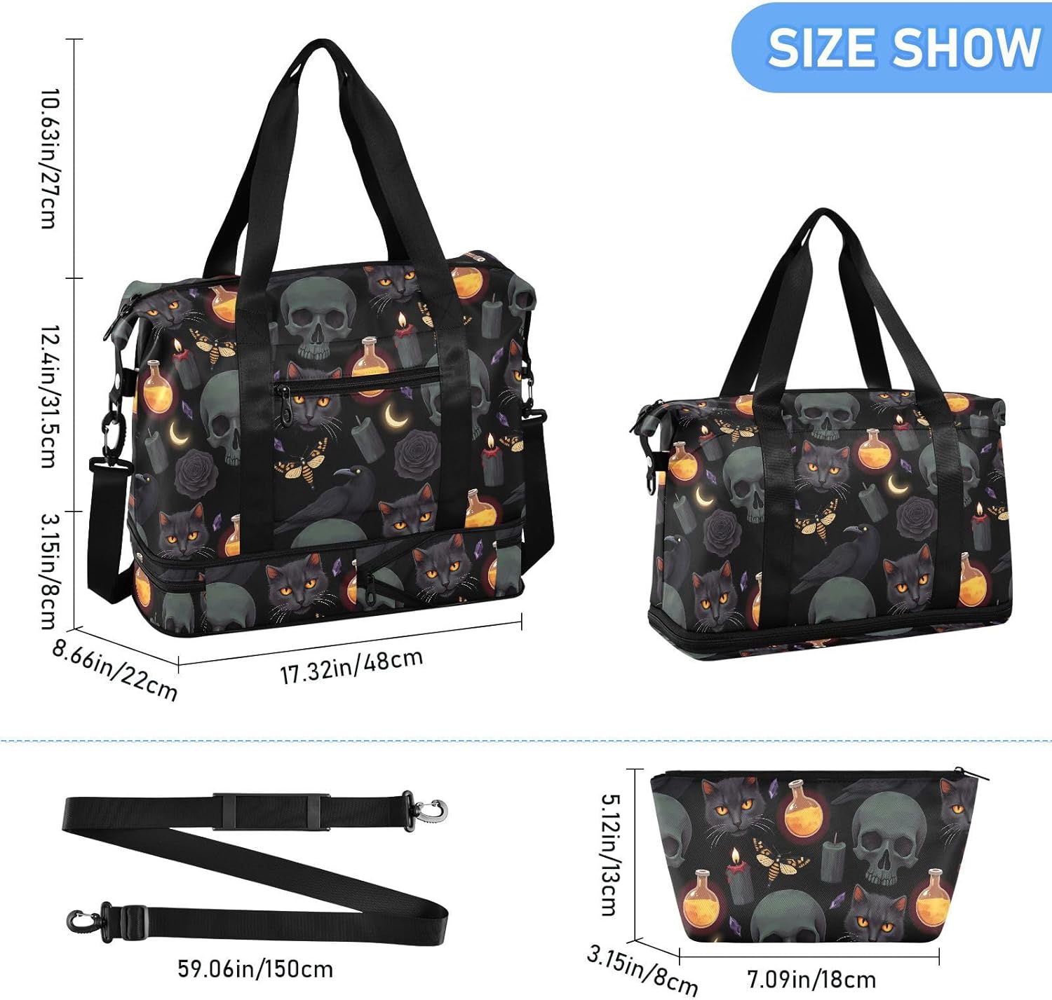 Travel Duffel Tote Bag Grey Skull Sports Duffel Bag with Wet Pocket Weekender Overnight Bag for Women Men Gym Bag, Carry On Bag Hospital Bag for Labor and Delivery
