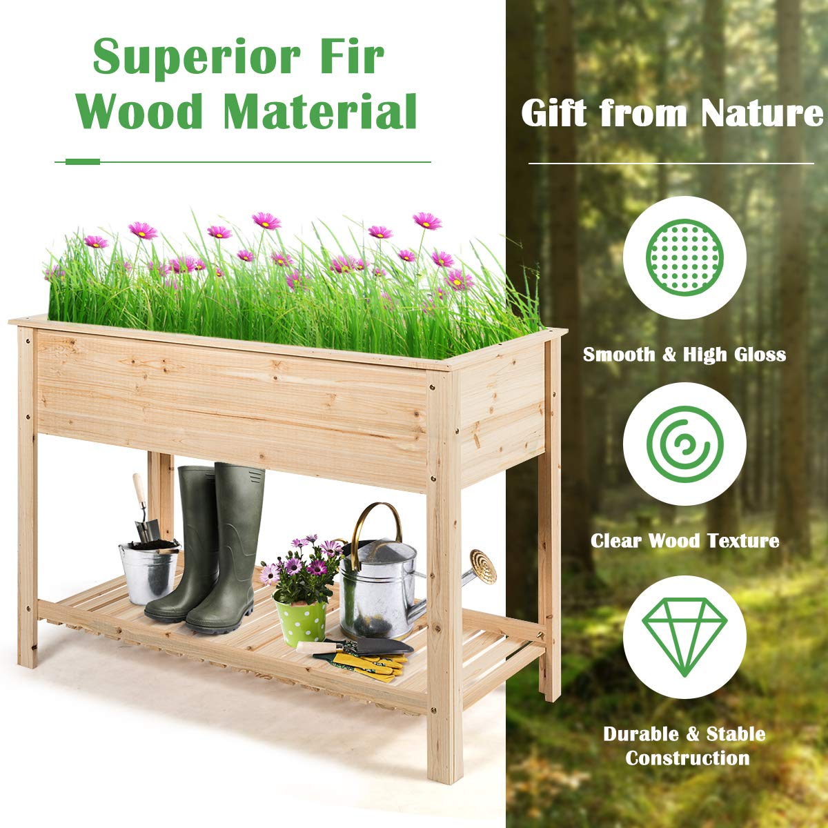 RELAX4LIFE Cama Elevada de Flores de Madera de Abeto con Estante, Huerto Urbano con Gran Superficie de Plantación para Verduras, Frutas y Hierbas, Mesa de Cultivo para Jardín, Balcón (92 x 41 x 81cm)