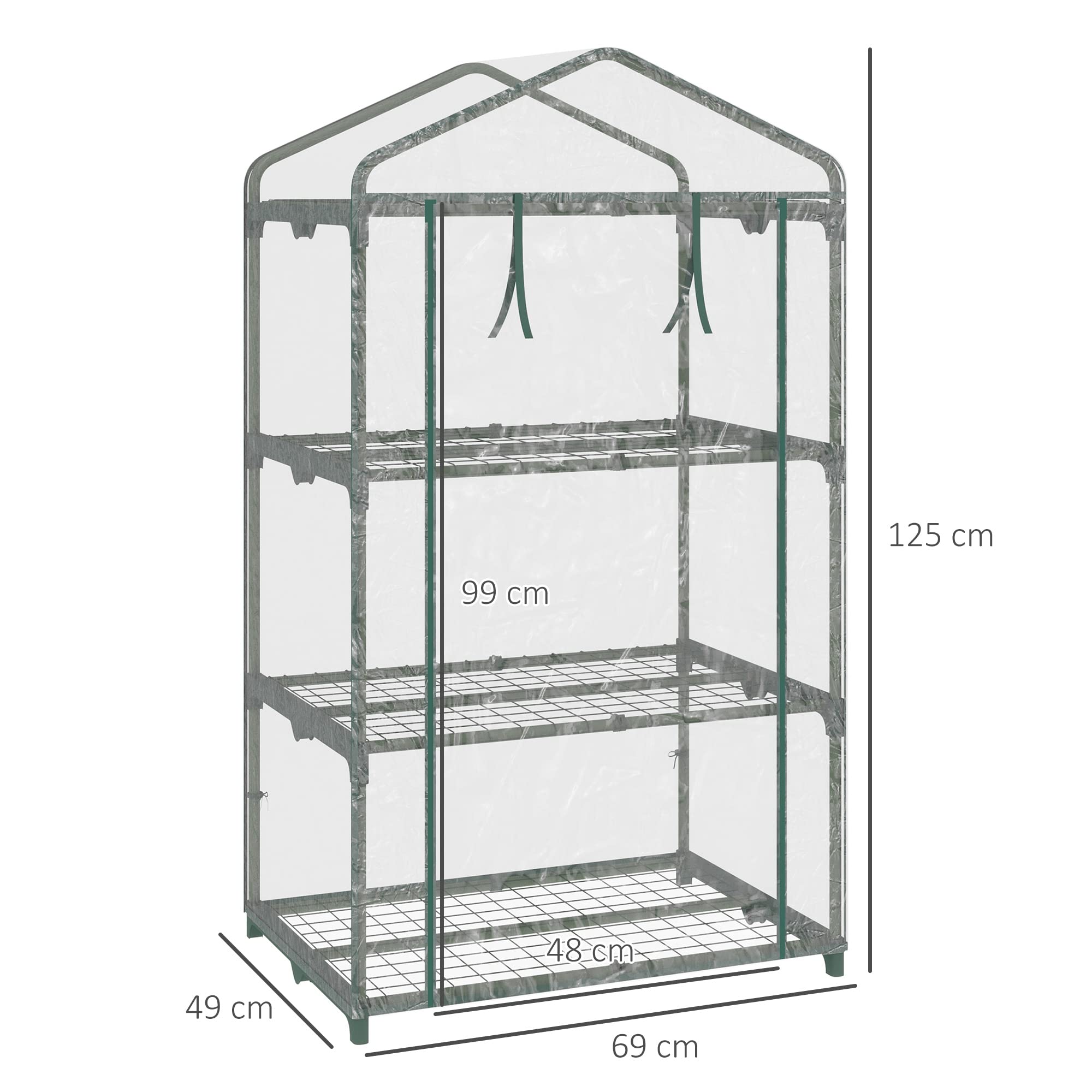 Outsunny Mini Serra da Giardino con Rivestimento in Plastica e Telaio in Acciaio, Serra per Piante con 3 Ripiani e Porta a Cerniera, 69x49x125cm, Trasparente