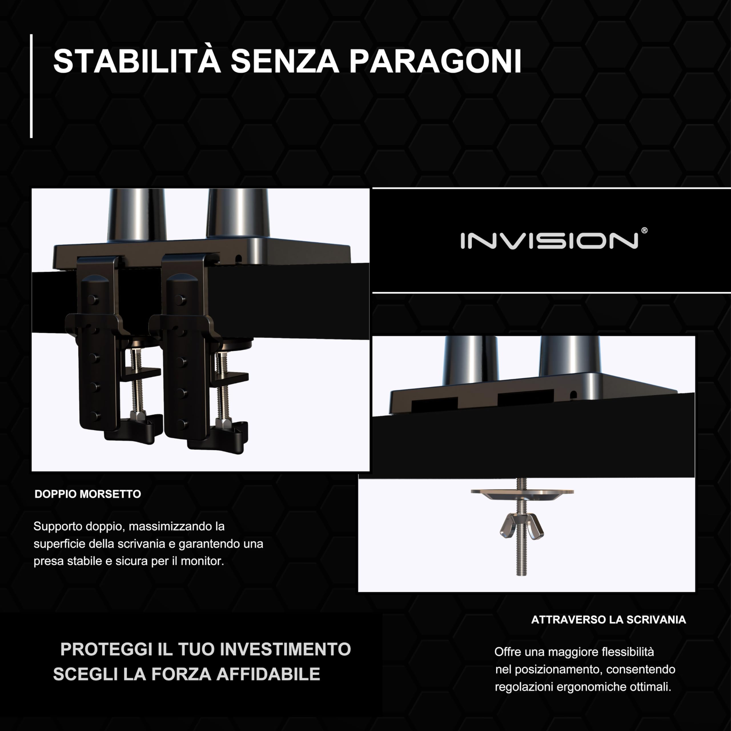 Invision Braccio Monitor Doppio per 24-35" pollic schermi, Peso da 2-15kg, VESA 75/100 mm, Supporto Ergonomico con Molla a Gas e Gestione dei Cavi, Inclinazione, Rotazione, Scrivania Morsetto (MX900)
