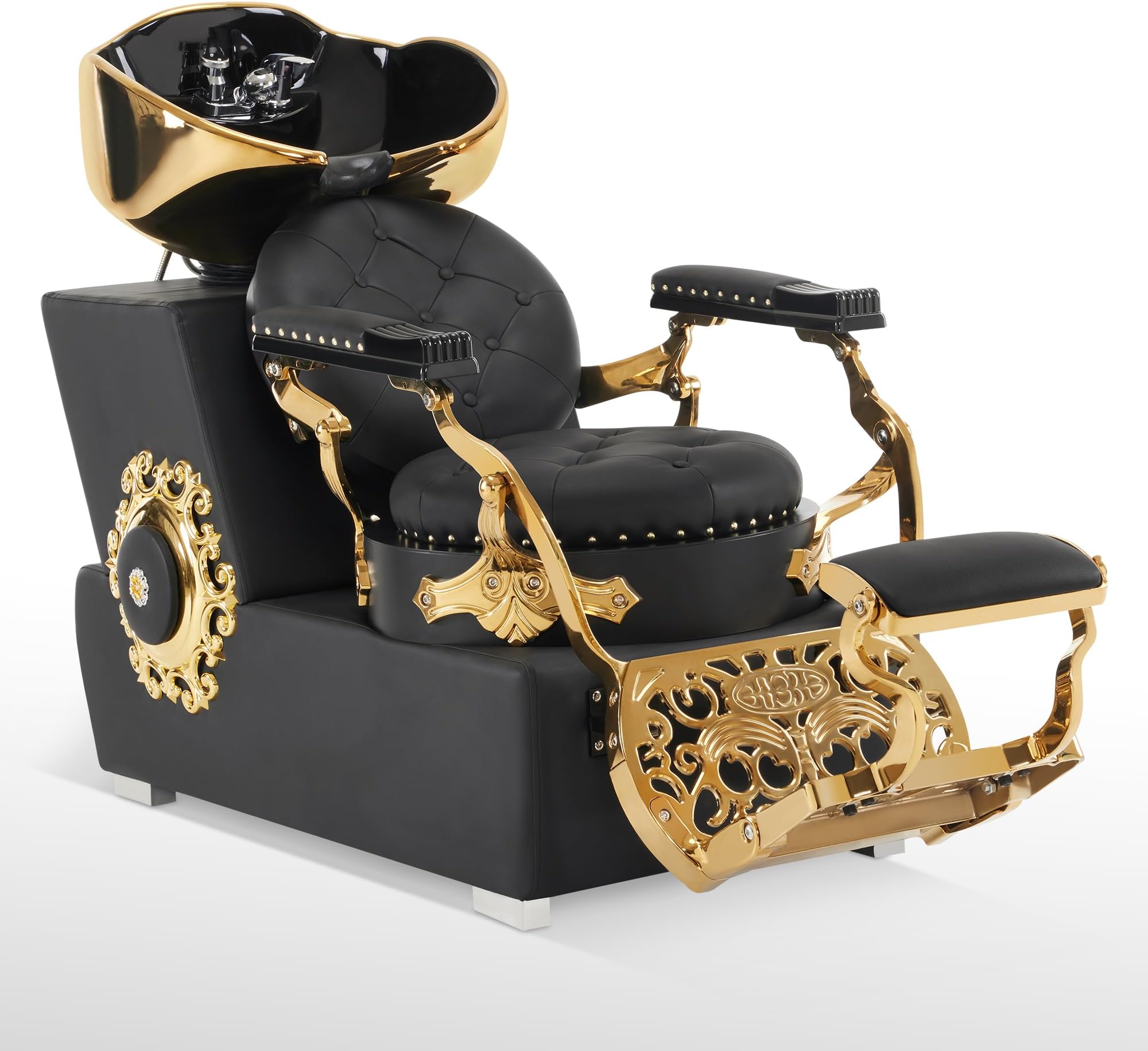 BarberPub Backwash Shampoo Station Chair, Retro Adjustable Porcelain Ceramic Hair Wash Bowl Unit Station, Shampoo Barber Chair with Vacuum Breaker for Spa Beauty Salon 8610 (Black&Gold)