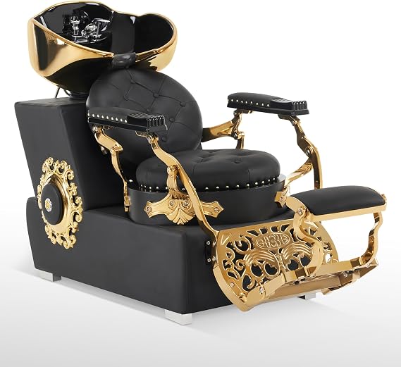 BarberPub Backwash Shampoo Station Chair, Retro Adjustable Porcelain Ceramic Hair Wash Bowl Unit Station, Shampoo Barber Chair with Vacuum Breaker for Spa Beauty Salon 8610 (Black&Gold)