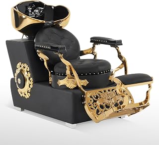 BarberPub Backwash Shampoo Station Chair, Retro Adjustable Porcelain Ceramic Hair Wash Bowl Unit Station, Shampoo Barber Chair with Vacuum Breaker for Spa Beauty Salon 8610 (Black&Gold)