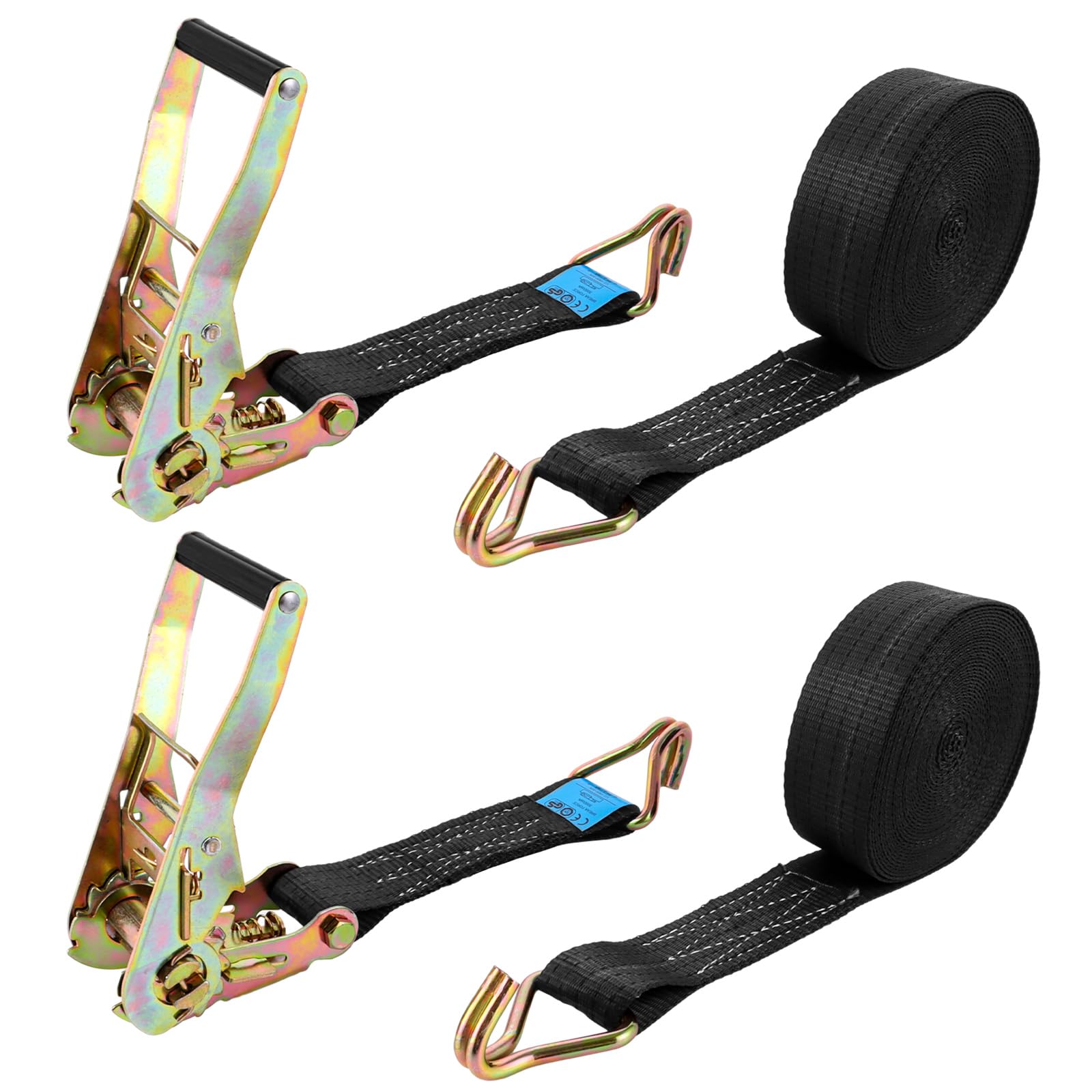 AKOLAFE 2 Piezas Correas de Amarre 5 cm X 10 m, Cinchas de Amarre Negras con Trinquete y Doble Gancho, Cinta de Sujecion de Poliester con Etiqueta CE para Remolque y Coche