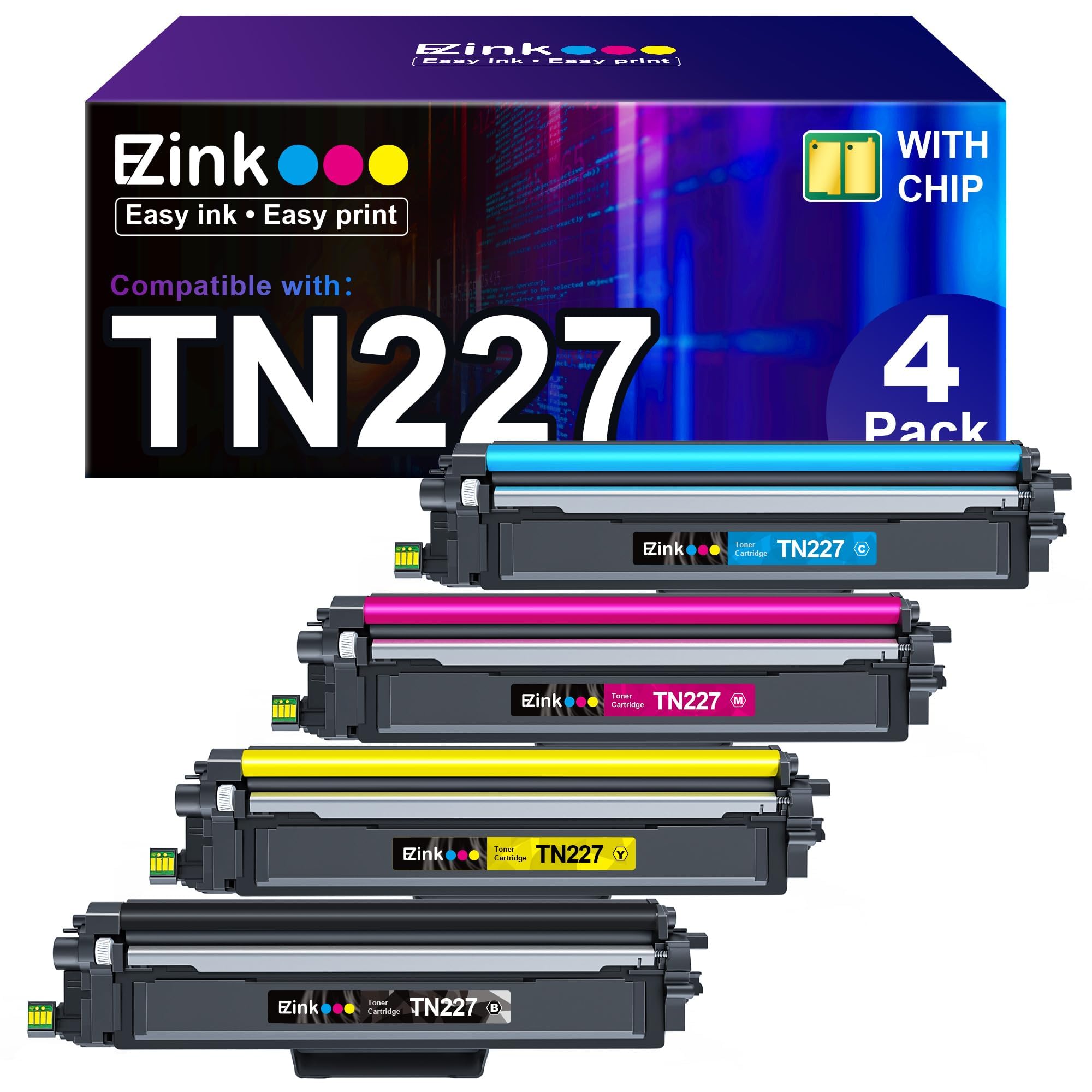 (Newest Chip) TN227 High Yield Toner Cartridges 4 Pack Compatible Replacement for Brother TN227 TN227XL TN223 for HL-L3290CDW MFC-L3710CW MFC-L3750CDW MFC-L3770CDW HL-L3270CDW Printer (BK/C/M/Y)