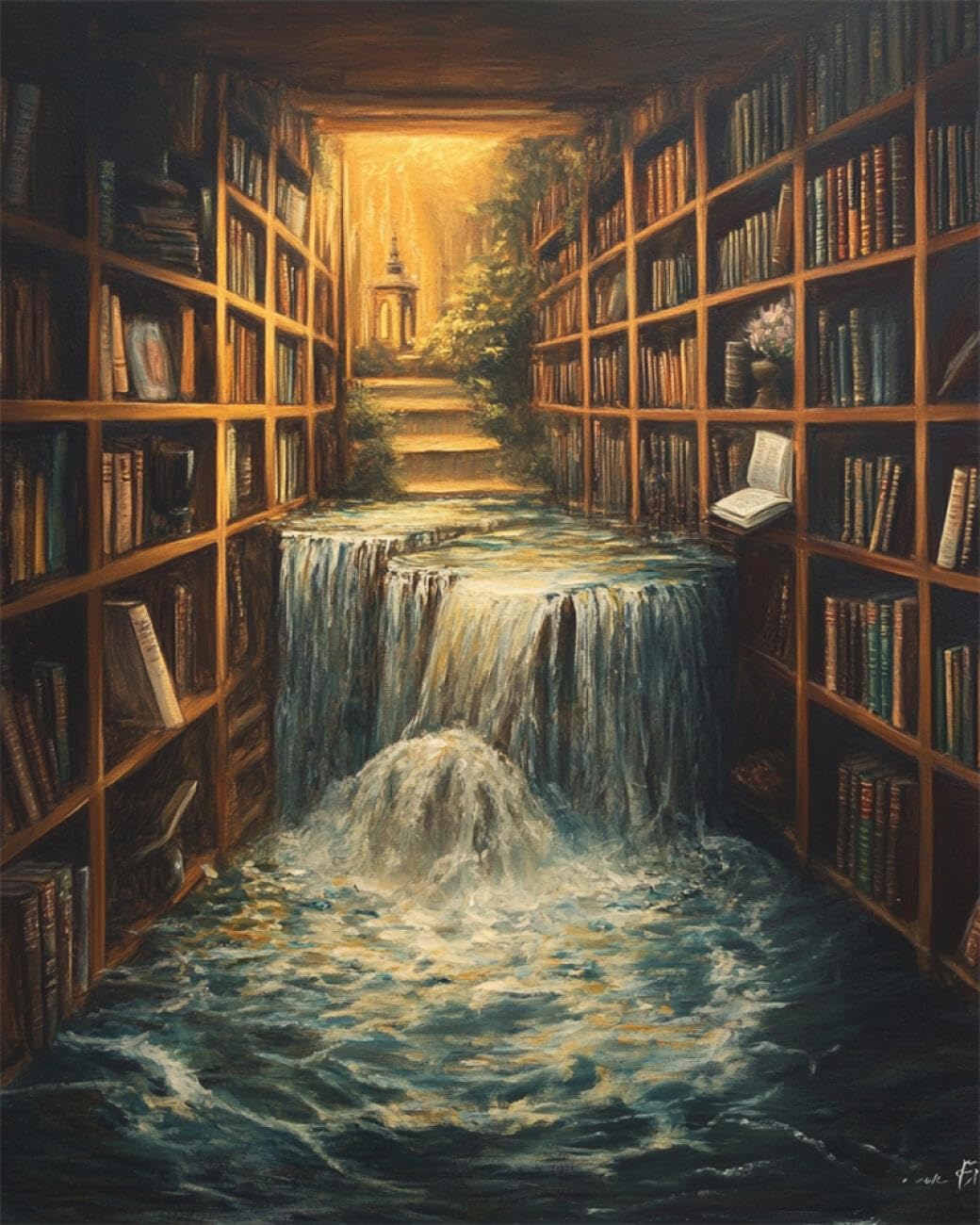 RKFLGEW DIY Bead Embroidery Kits Fantasy Waterfall Bookshelf 50x70cm