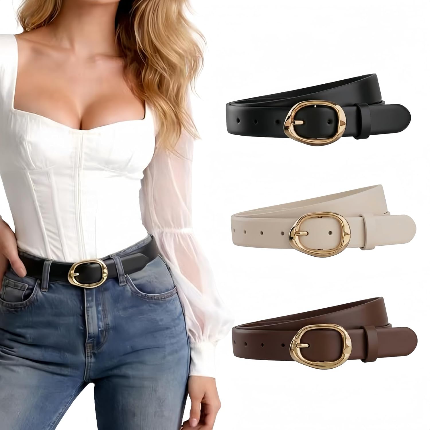 West Leathers 3 Pack Women's Leather Belts with Gold Buckle, 1.1" Adjustable Belts for Women Jeans Dresses & Pants