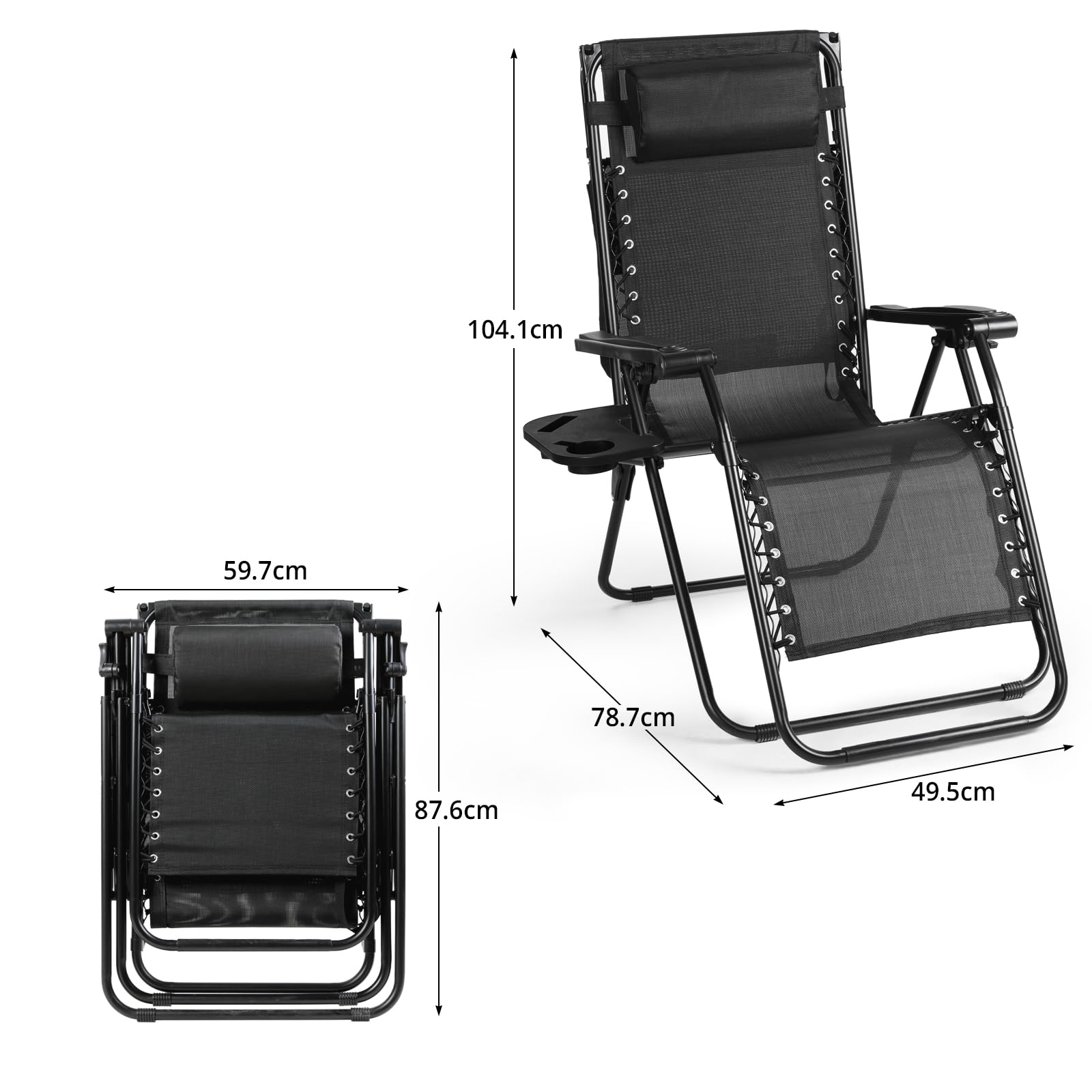 VOWNER Pack de 2 Sillas de Gravedad Cero Plegables, Tumbona de Jardín con Parasol Ajustable y Posavasos, Sillón Relax para Balcón, Terraza, Camping, Playa