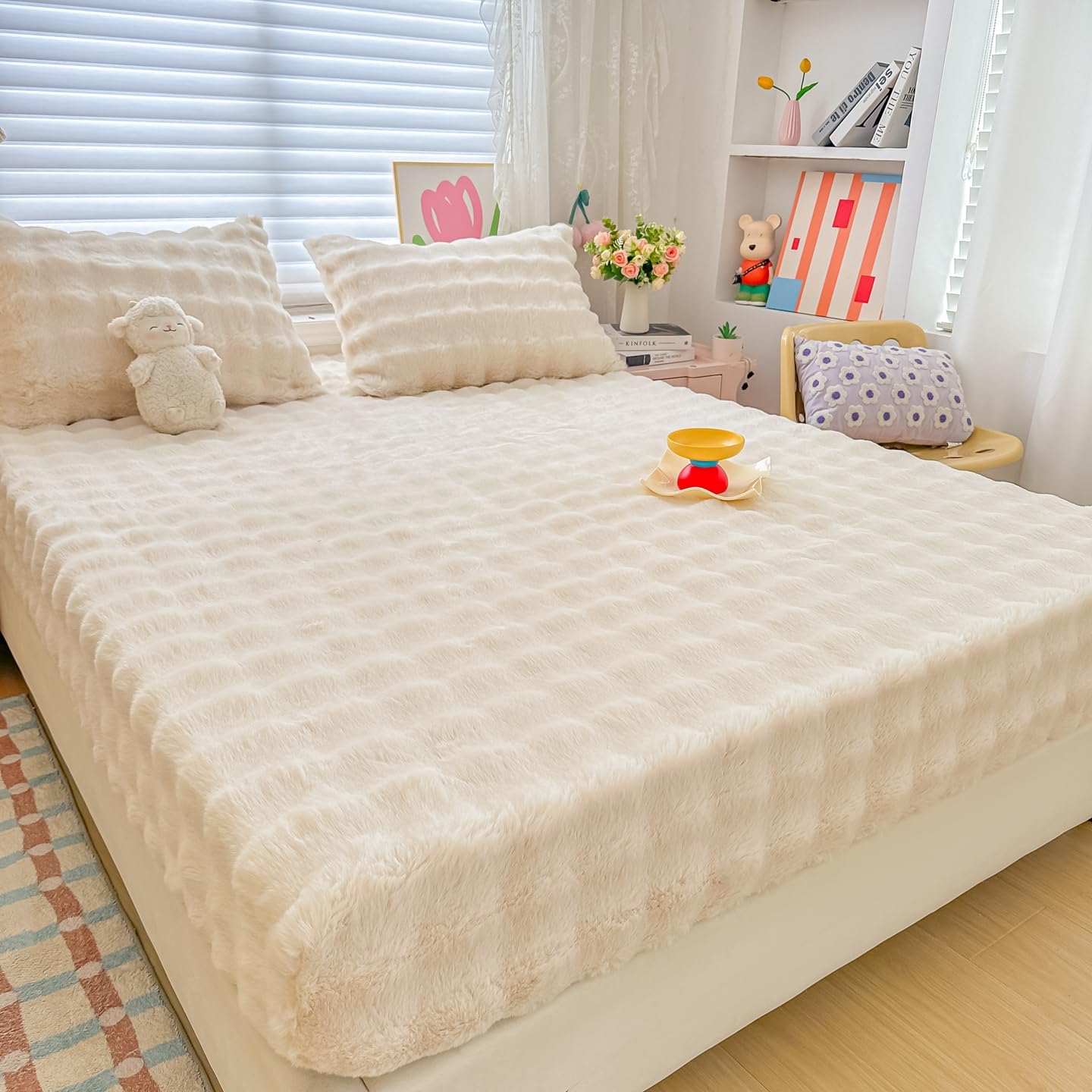 Kid Rabbit Plush White Full 3 PC Bread Grid Sheet Set with Extra Soft Plush Velvet Flannel Fluffy Fuzzy (Fitted Sheet x 1, Pillowcase x 2)
