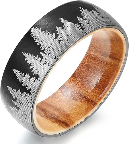 Adreamz Anillo de paisaje de picos tallados con láser de 0.315in, cordillera montañosa, anillos de bosque, anillo de abeto de pino con