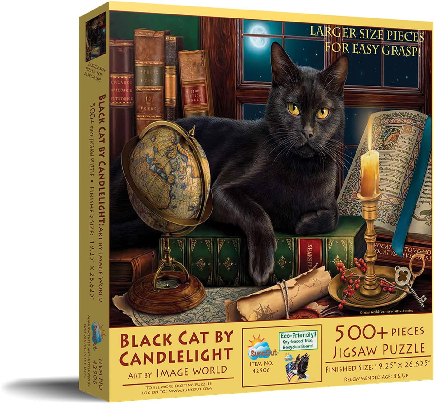 SUNSOUT INC - Black Cat by Candlelight - 500 pc Large Pieces Jigsaw Puzzle by Artist: Image World - Finished Size 19.25" x 26.625" - MPN# 42906