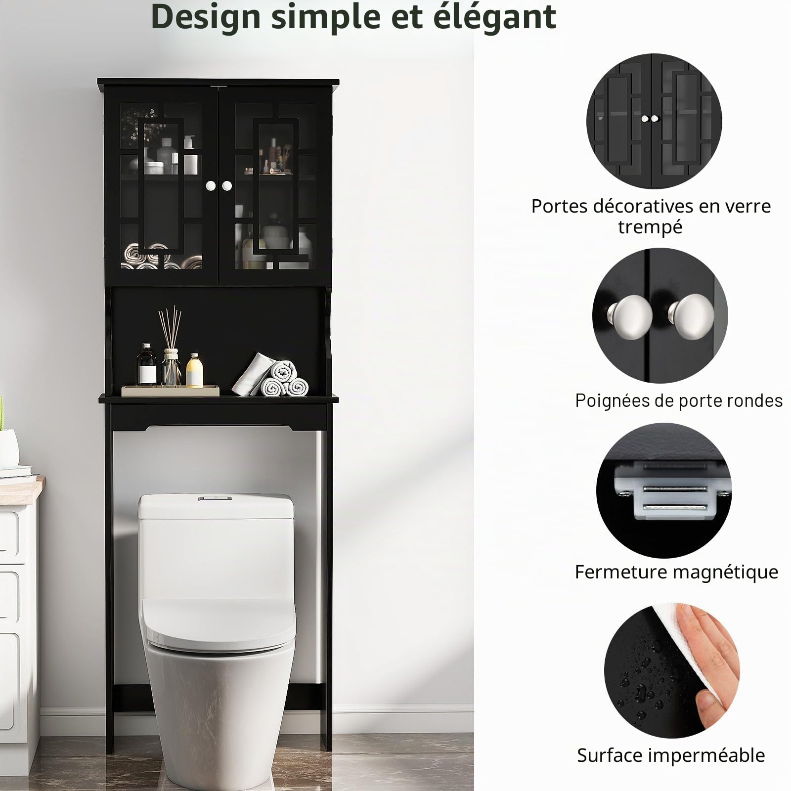 LIFEZEAL Étagère de toilettes, à 3 étages réglables en hauteur, gain de place, en bois, armoire de machine à laver, avec compartiments ouverts, 60 x 22 x 170,5 cm (noir)
