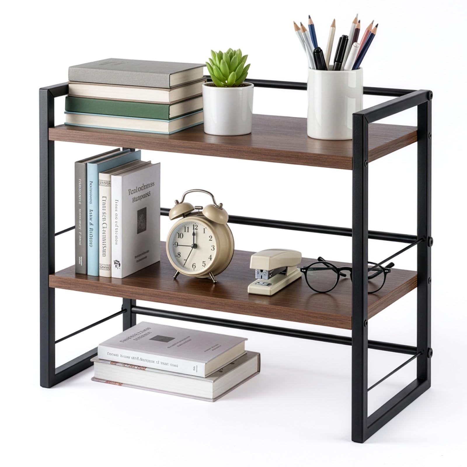 GoDyna Wooden Desk Shelf Organiser Office Desktop Bookshelf Storage Shelf and Cabin Decoration Shelf for Top of Desk and Dresser Bookshelf Supplies Storage Rack (Brown)
