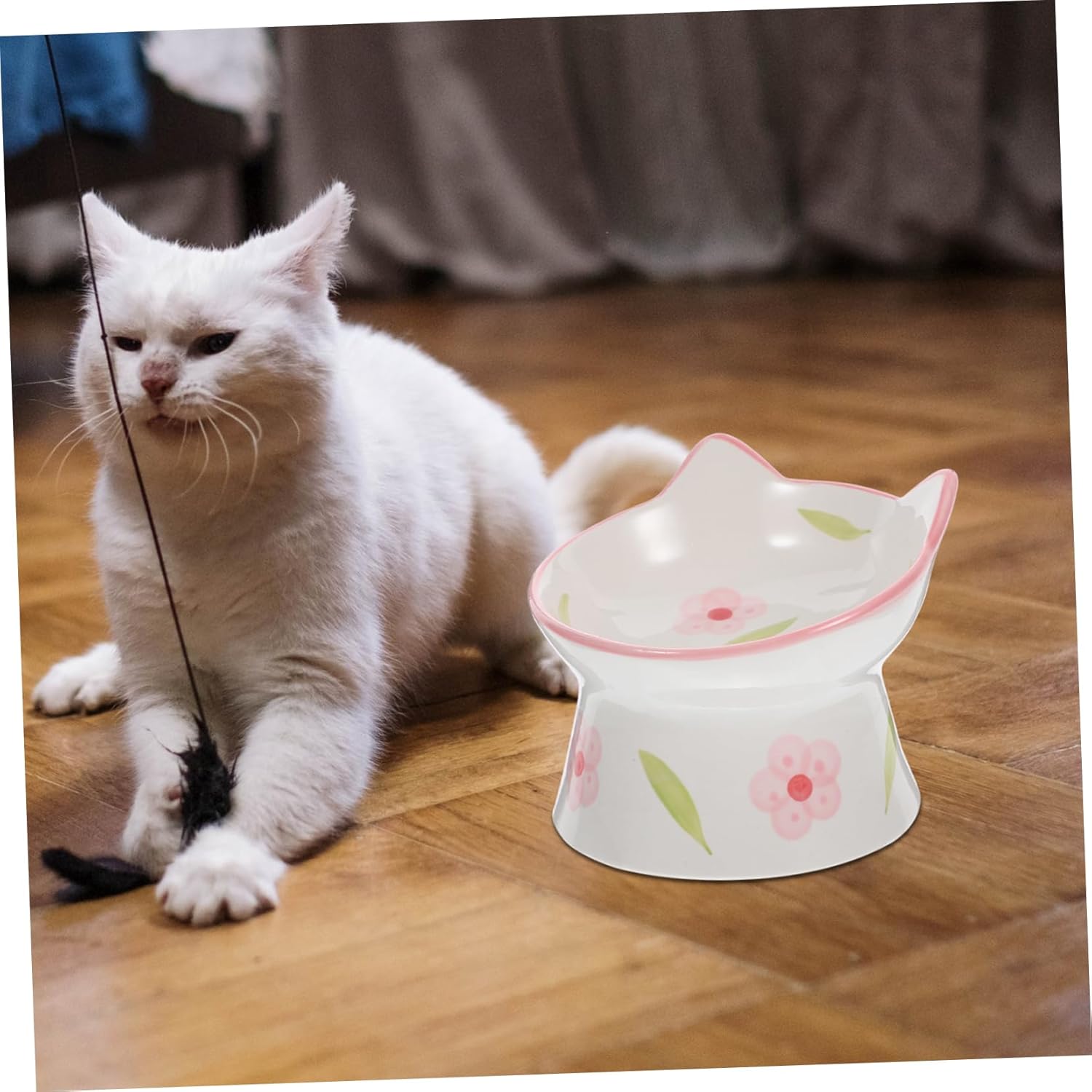 2pcs Elevated Cat Bowls Ceramic Cat Food and Water Dishes with Ear Design -Spill Structure for Easy Feeding for Indoor Pets