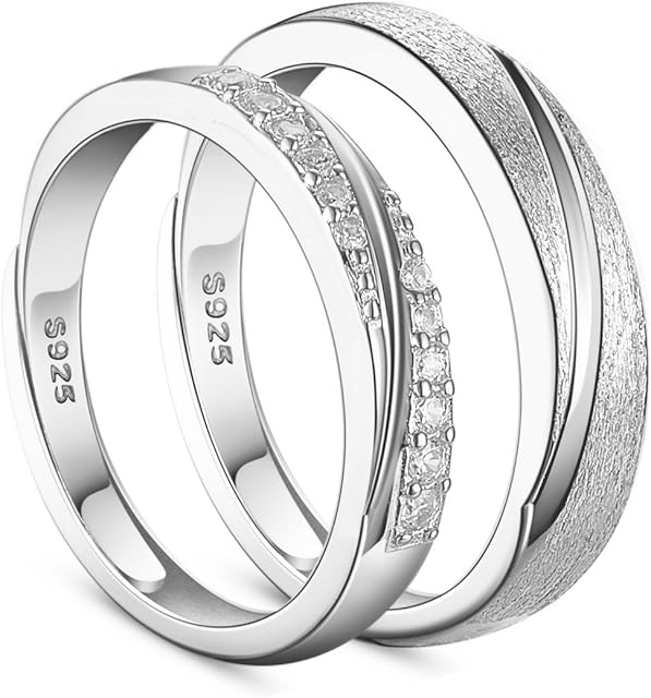 SHEGRACE 925 Sterling Silver Couple Rings Engraved Frosted and AAA Zircon Platinum Size O-S (Adjustable) for Lovers