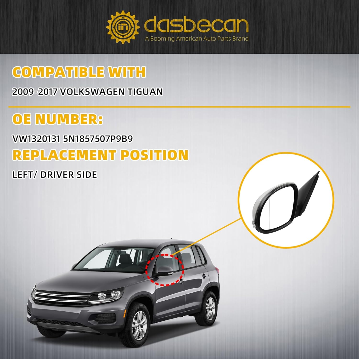 Dasbecan Left Driver Side Mirror Compatible with 2009-2017 Volkswagen Tiguan Door Mirror w/Power Heated Glass Turn Signal Manual Folding Gloss White Cover VW1320131 (6 Pins)