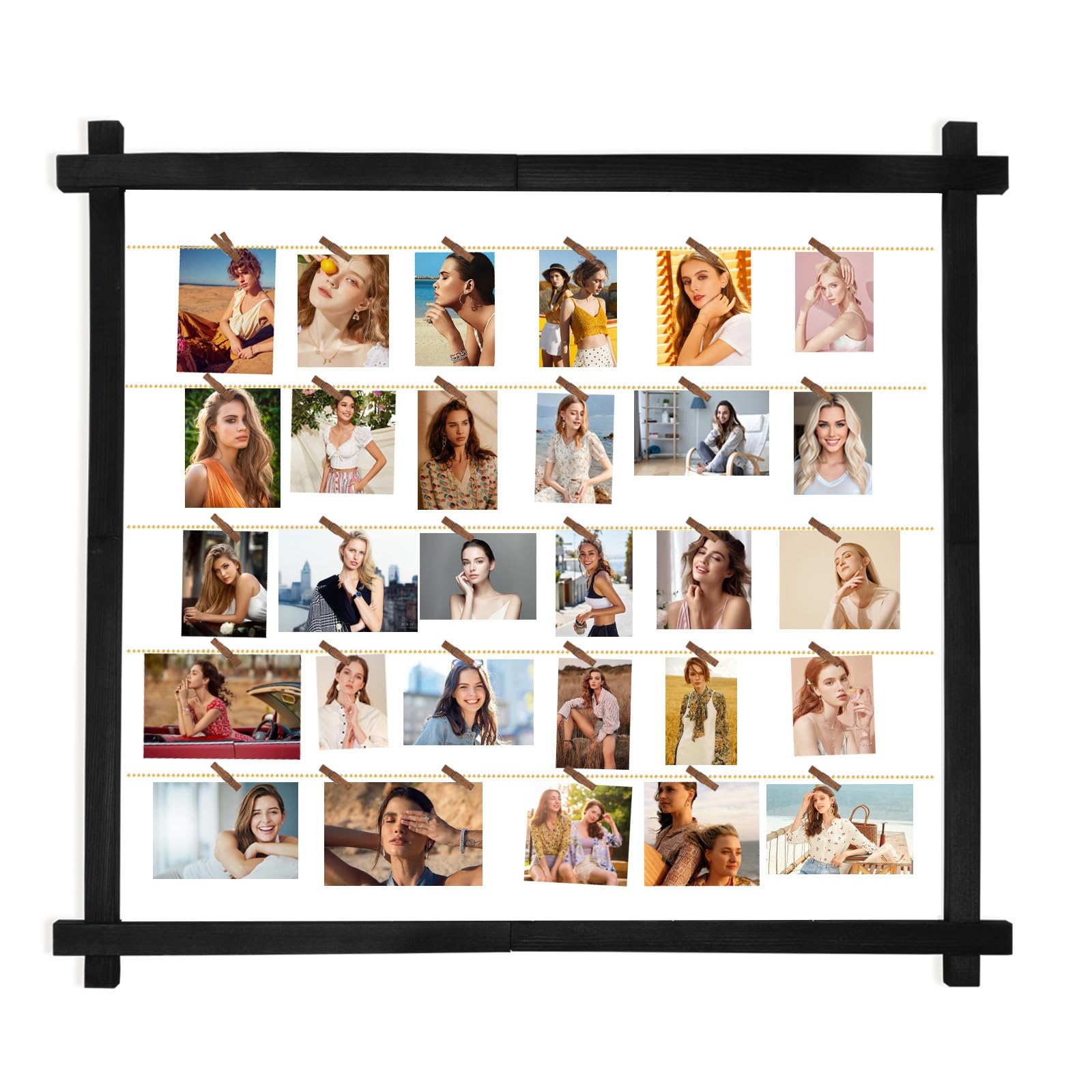 Cornici per collage, espositore per foto con clip, decorazione da parete per laurea, lettere, cartoline, biglietti di auguri, cordino di perline in metallo, pino, grande, nero