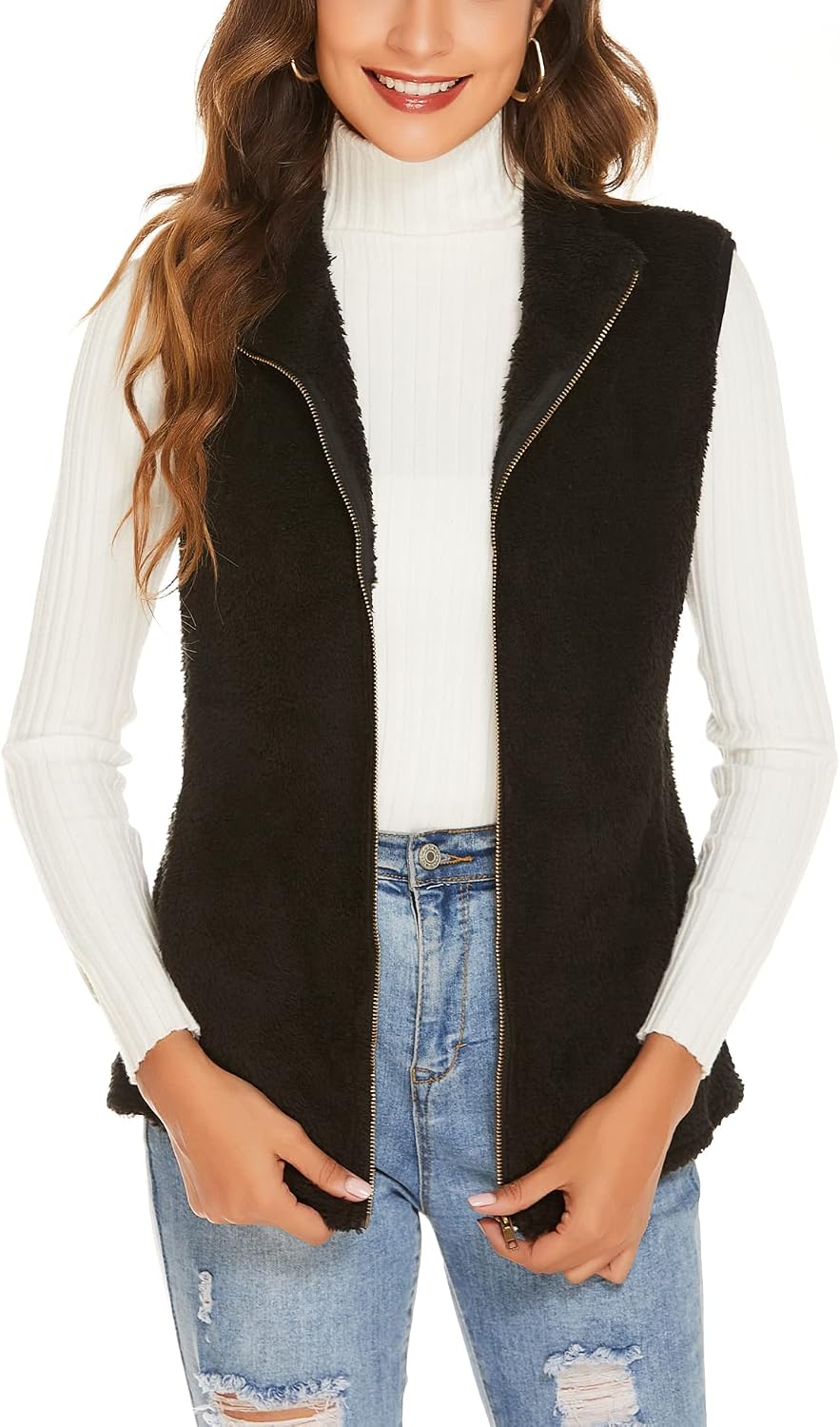 FINWANLO Vests for Women Sleeveless Fleece Jacket Lightweight Zip Up Waistcoat Outerwear with Pockets