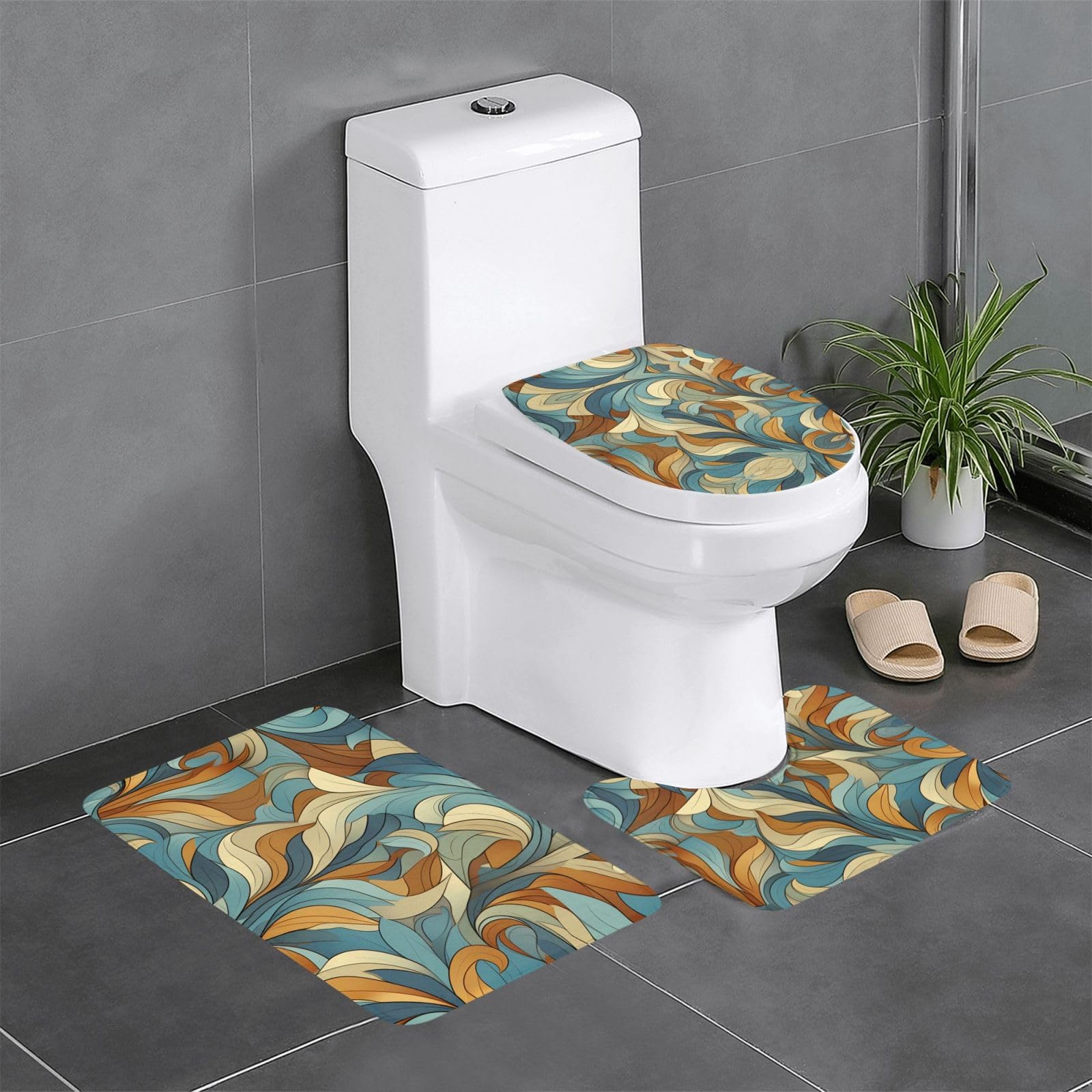 Tapis de salle de bain bleu et marron lot de 3 imprimés abstraits 61x40,6 cm