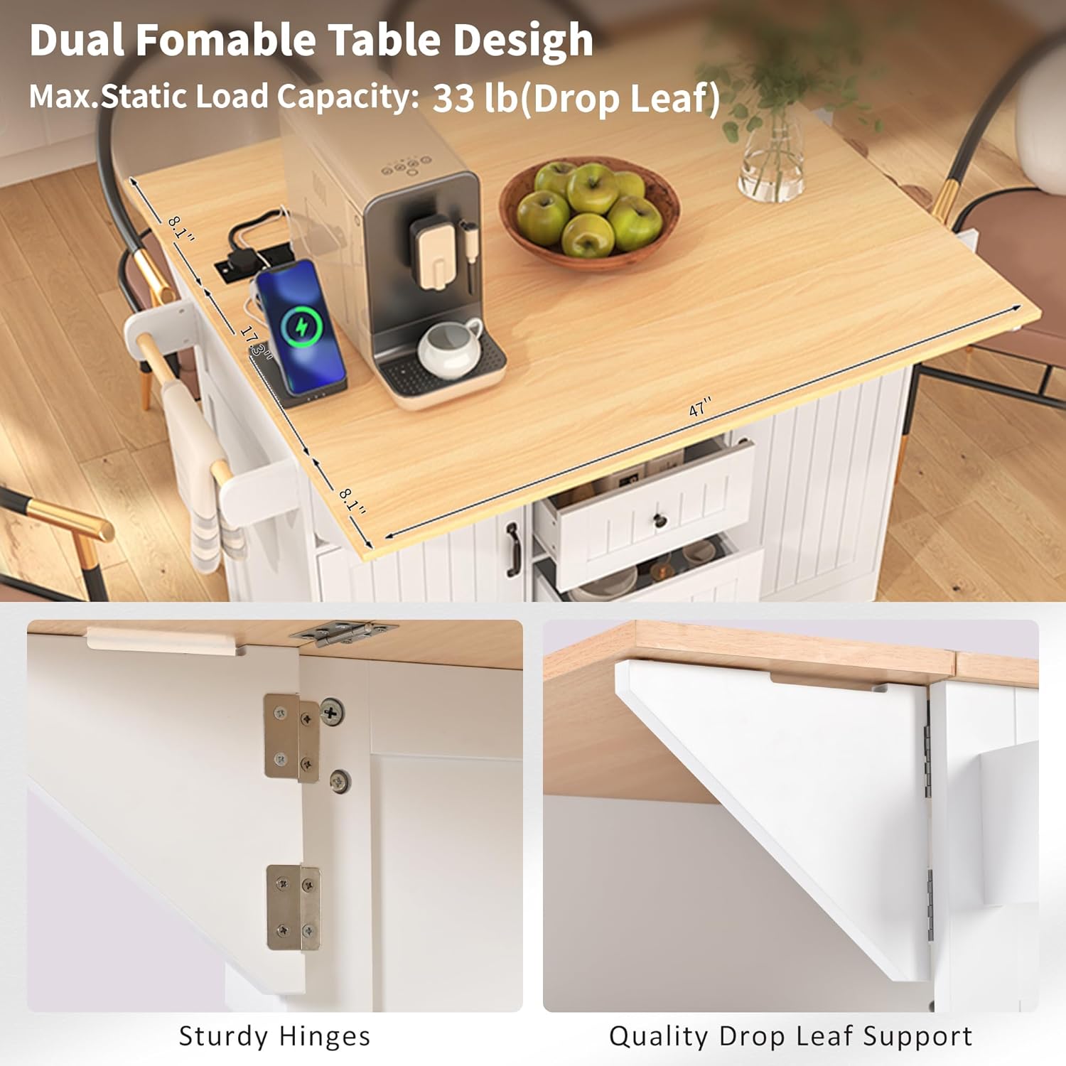 55.7" Kitchen Island with Dual Drop Leaf, Power Outlets, Hidden Wheels, 3 Drawers, Cabinets, Towel & Spice Rack, Farmhouse Rolling Cart for Kitchen and Dining Room