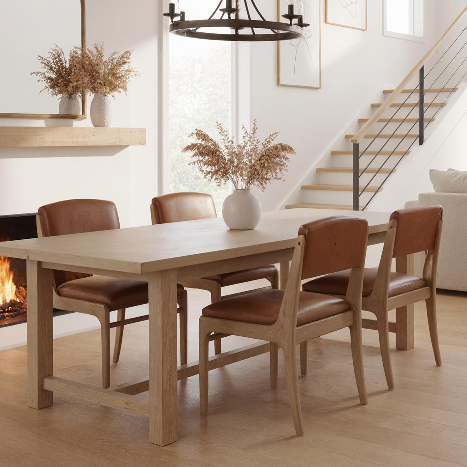Mid Century Upholstered Dining Chairs Set of 2, Armless Farmhouse Leather Dining Chairs, Kitchen & Dining Room Chairs with Open Back, Accent Side Chairs for Living Room with Natural Wood Frame, Brown