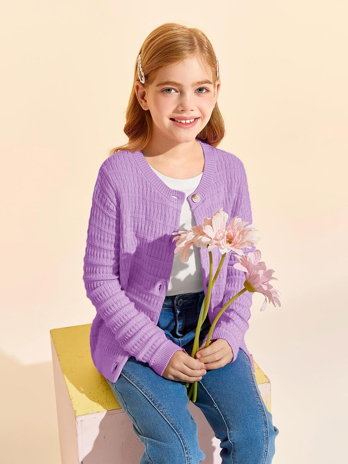 Haloumoning Girls Button Down Cardigan Jackets Kids Long Sleeve Cable Knit Sweaters 5-14 Years - Image 2