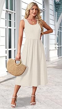 WIHOLL Summer Dresses for Women Beach Vacation Clothes Cruise Resort Wear  Outfits 2026 Sun Dress Flowy Midi Maxi Dresses for Seniors Sundresses  Spring Dresses Beige Gingham S at Amazon Women's Clothing store
