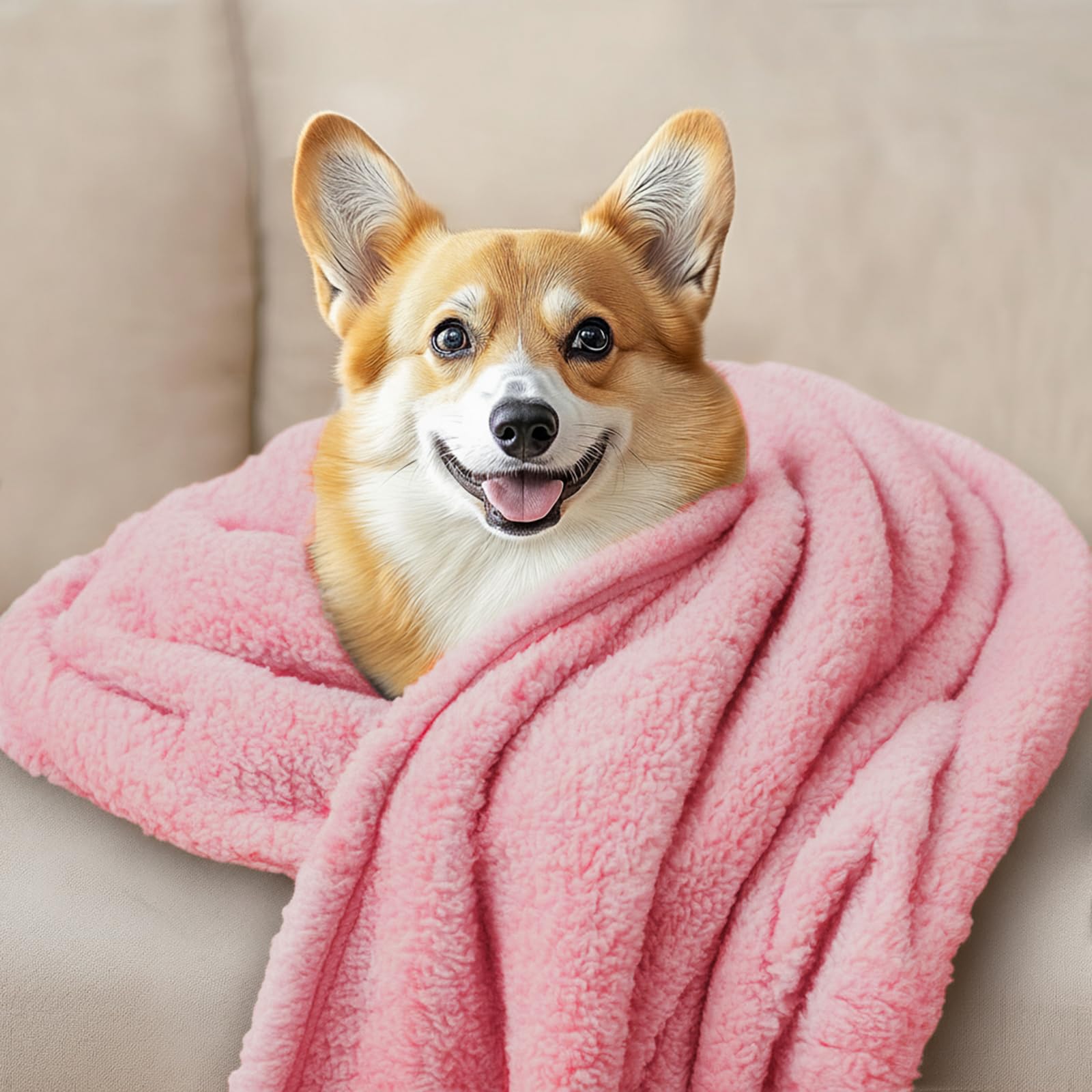 Luciphia Beruhigende Hundedecke, flauschig, Premium-Fleece, Haustierdecken, weicher Sherpa-Überwurf für Hunde, Welpen, Katzen, Beige/Rosa/HazeBlue, Größe L (104,1 x 78,7 cm), 1 Packung mit 3 Stück