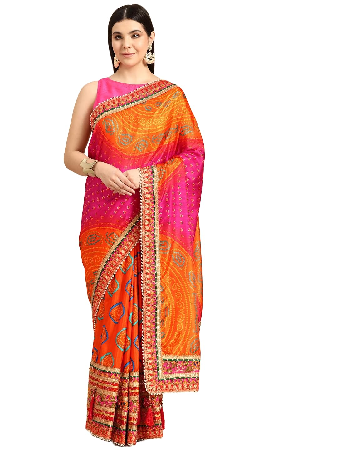 Pandadi SareeWomen's Soft Dola Silk With Bhandhani With Colourful Embroidery Heavy Lace Saree With Blouse (Multicolor)