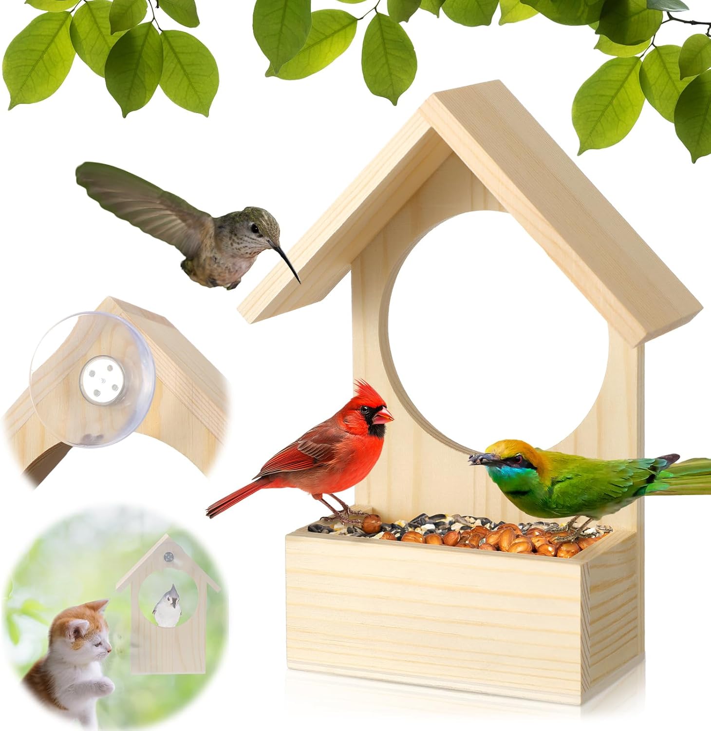 Wooden Window Mounted Bird Feeder with Strong Suction Cup Wood Birdhouse Design for Outdoors Birdhouse Feeder Window Viewing for Cats Bird Lover Gift