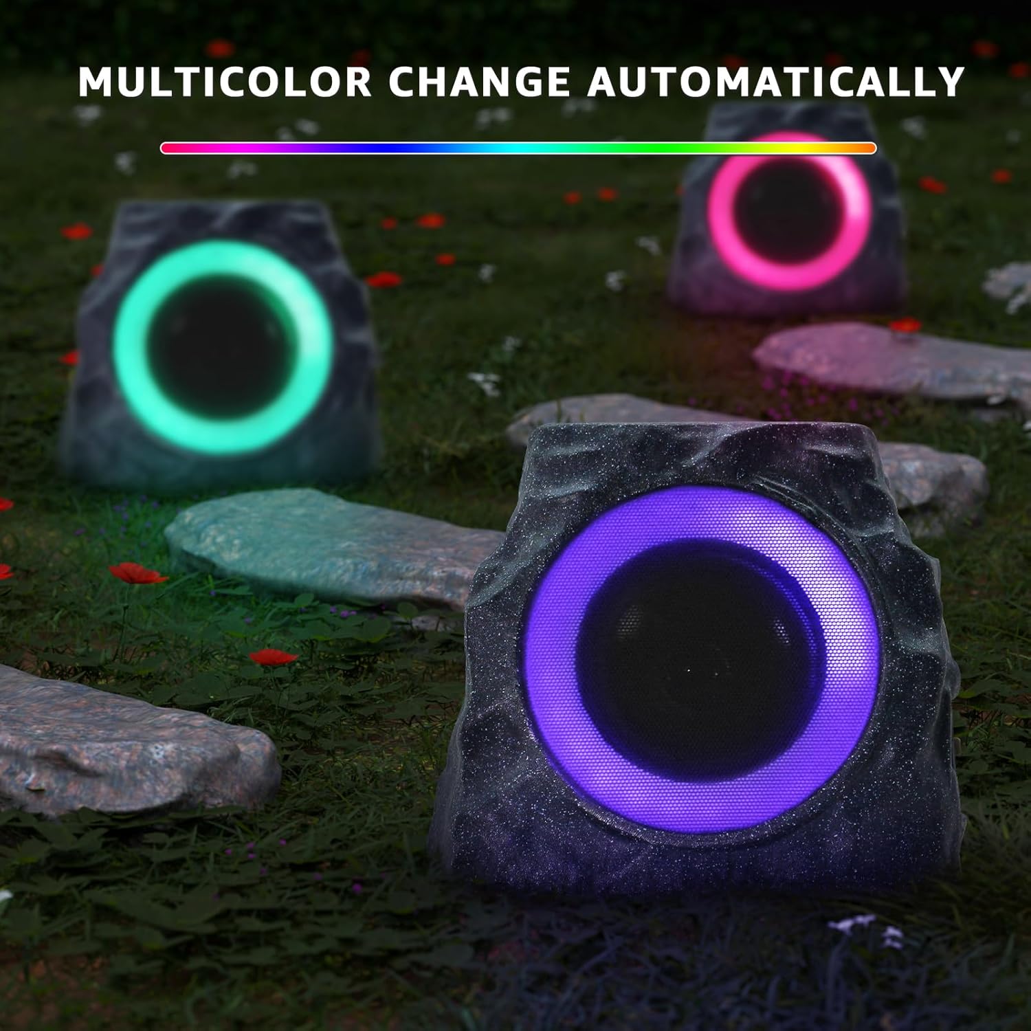 uuffoo 2-Pack Solar Powered Rock Speakers Outdoor Water-Resistant IP44 Rock Speaker with Lights RGB Colors and USB Charging for Patio Pool Party Yard Garden Outside - Image 3