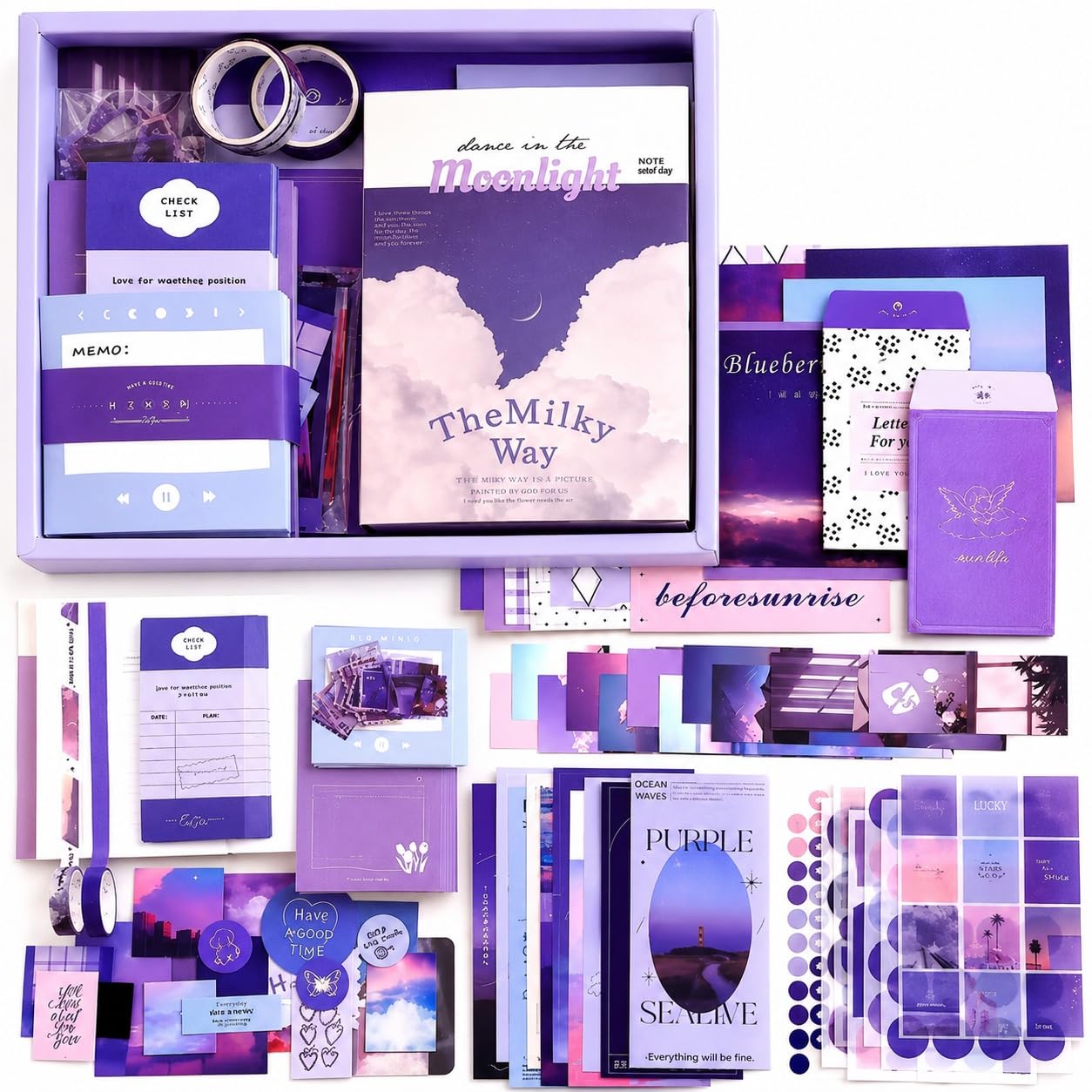 vulrian Purple Moonlight Vintage Junk Journal Scrapbook Kit with A6 Notebook, Decorative Papers, Washi Tape, Stickers, Memo Sheets, Photo Frames, Envelopes and Ephemera for DIY Scrapbooking, Journaling, Card Making, Planner Decoration and Creative Craft Projects-image-37