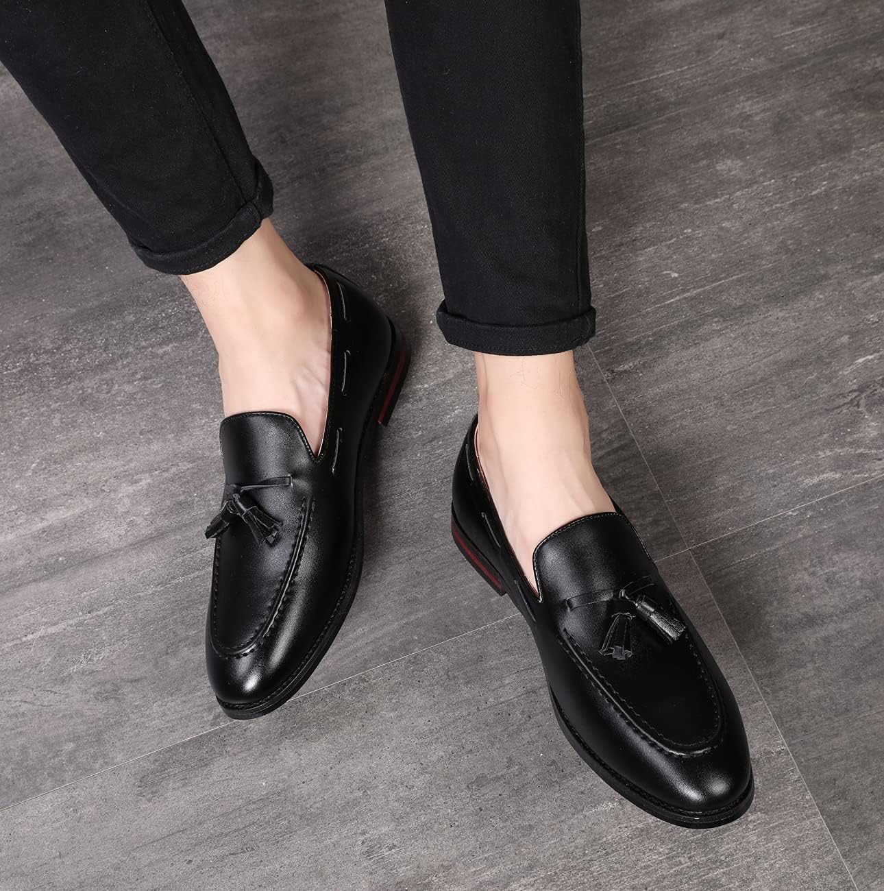 Santimon Mens Fashion Loafers Leather Casual Tassel Slip on Driving Flats Dress Shoes Black Brown - Image 6